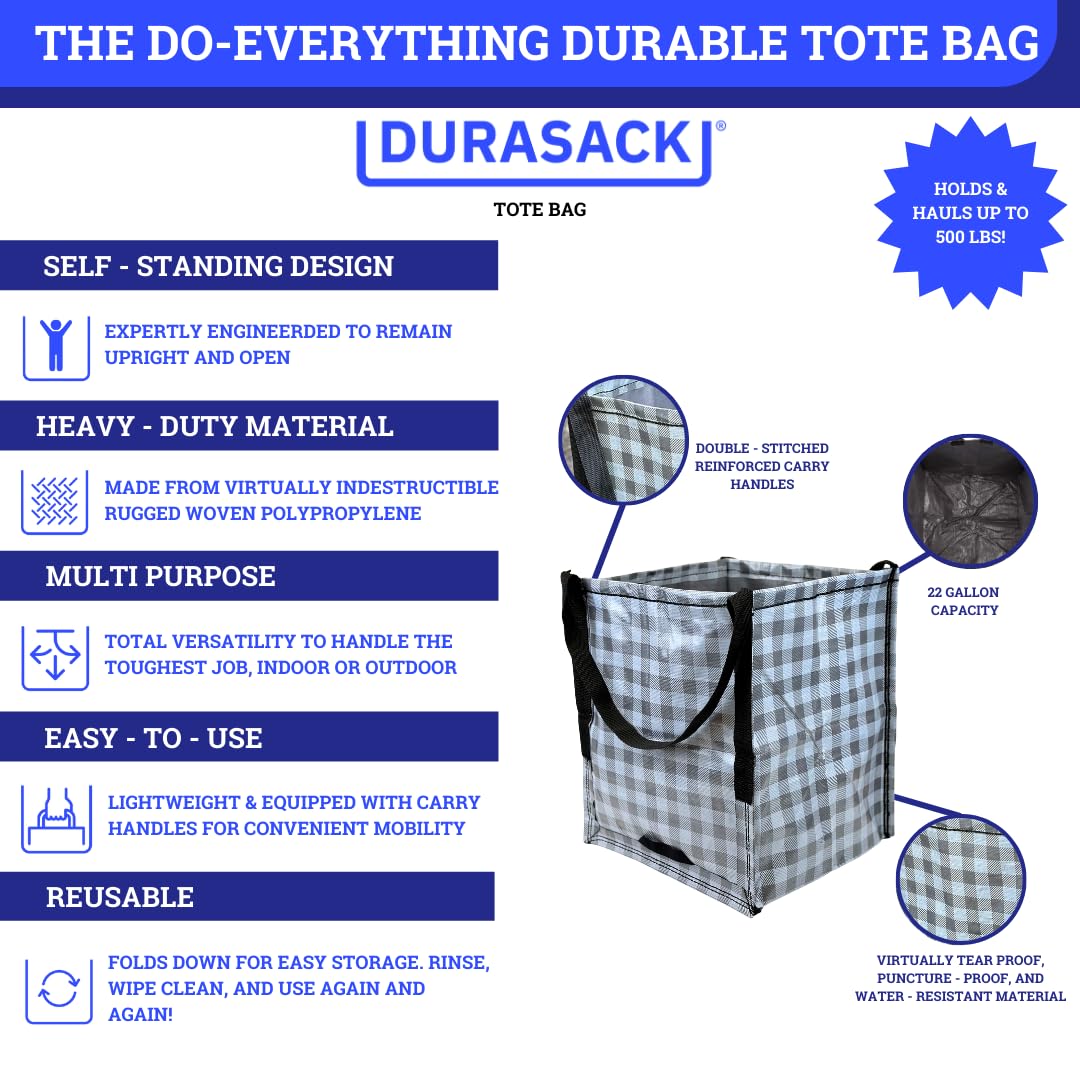 DURASACK 高耐久トート 22ガロン 頑丈なポリプロピレン製多目的バッグ ギンガムブルー 並行輸入品 DURASACK (デュラサック) 高耐久 収納トートバッグ 22ガロン 頑丈なポリプロピレン織物 引っ越し用バッグ 再利用可能な自立デザイン  耐荷重500ポンド シングル ギンガムグレー