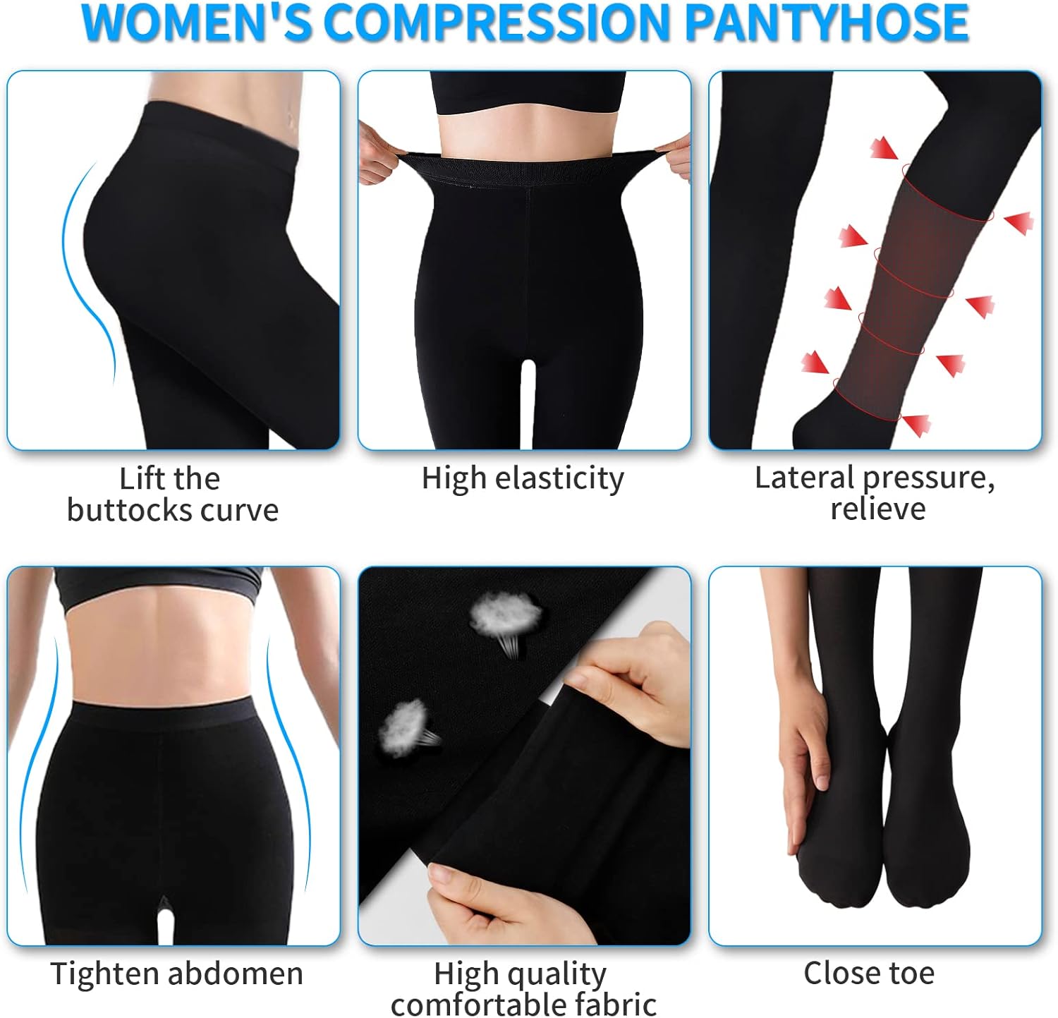 2 Pairs Compression Pantyhose 20-30 mmHg Closed Toe Opaque Graduated Support Hose Stocking for Women Relieve Varicose Veins