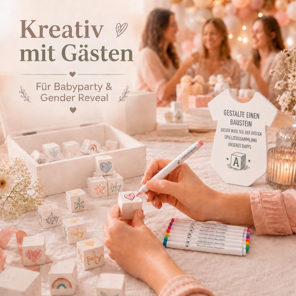 Juego de 102 juegos de baby shower, juegos de fiesta de bebé y revelación de género para invitados, con 48 cubos de madera blanca para pintar, 40 plantillas, 12 lápices, cartel de madera y caja de