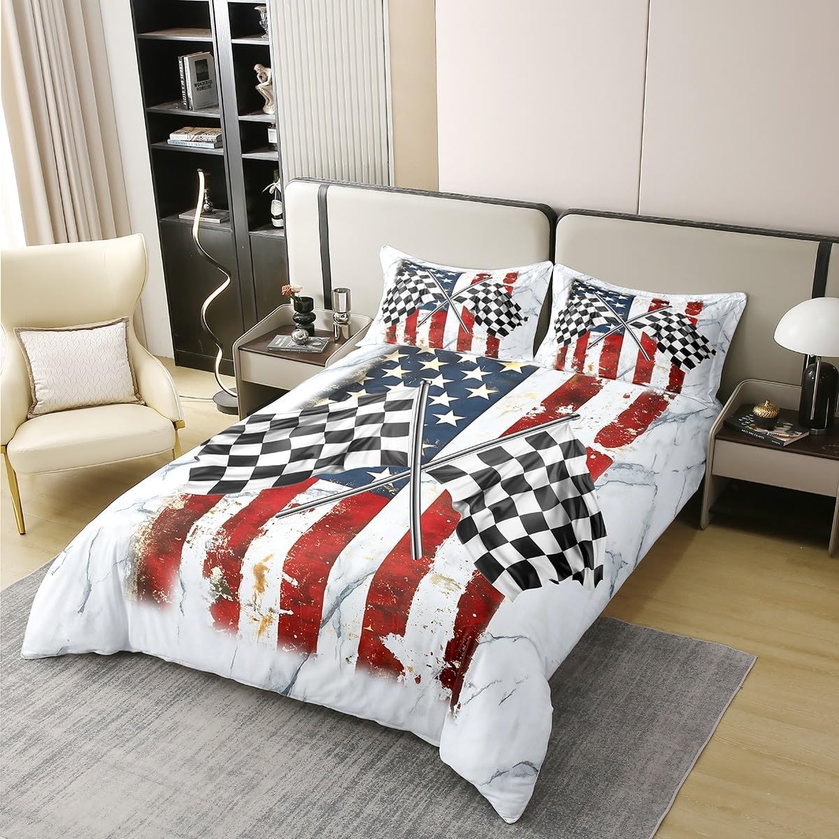 Racing Car Full Size Cotton Duvet Cover,Racing Checker Flags Extreme Sports Modern Quilt Cover(No Filler),Vintage American Flag Marble Texture Comforter Cover for Kids Adults Bedroom