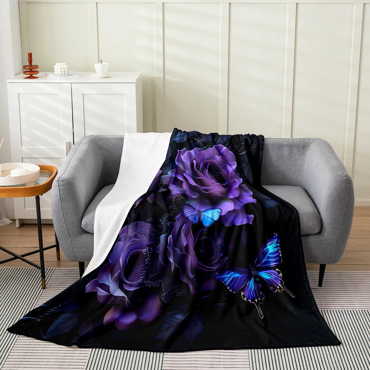 Erosebridal Roses Blanket Queen Inch Butterflies Throw Blanket for Young Girls Romantic Flowers Rose Mysterious Butterfly Florals Black Purple Fleece Blanket