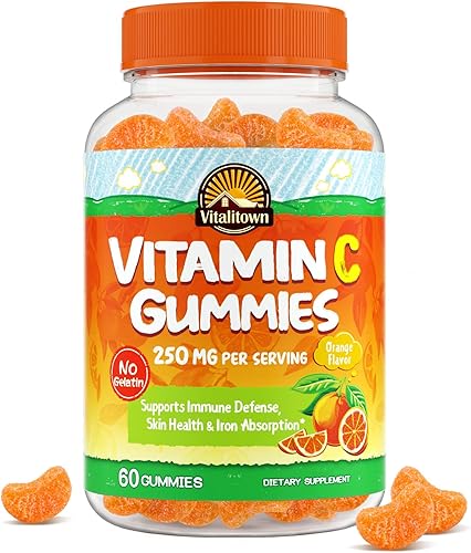 Miniatura 1 de Vitalitown Gomitas veganas de vitamina C de 250 mg apoyan las defensas inmunitarias la salud de la piel y la absorción de hierro sabor a naranja