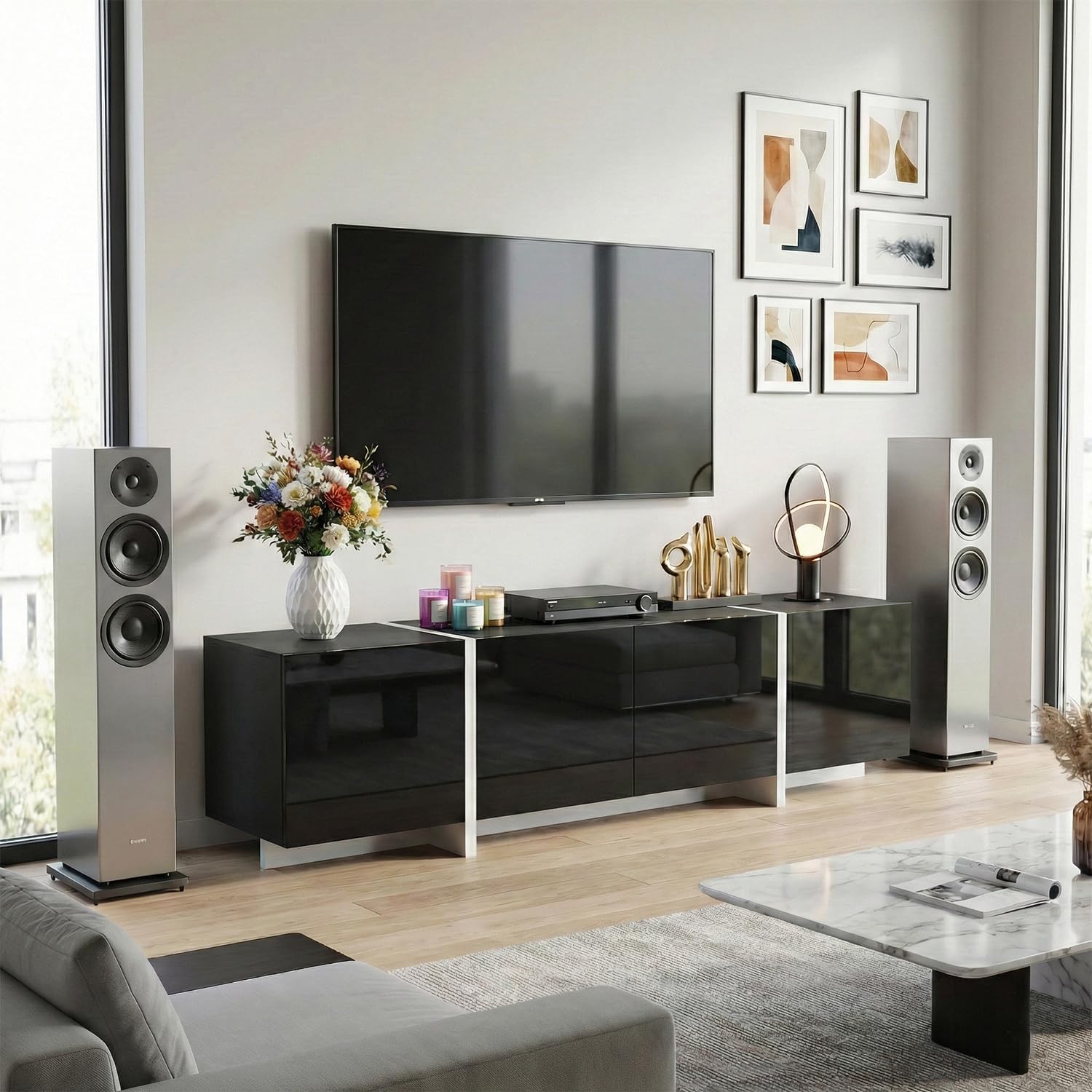 holzart 67" Modern Black TV Stand up to 70 Inch TV, Media Console with High Gloss Doors & Scratch-Resistant Matte Top, Entertainment Center with Cable Management & Storage Cabinet for Living Room