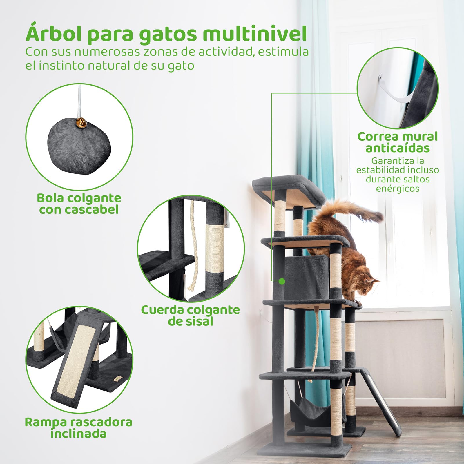 Árbol de Gato XL, rascador para Gato, Percha, nicho, Hamaca, Pelota, columnas de sisal, Peluche, Altura 160 cm, Gris Oscuro, garantía de 5 años