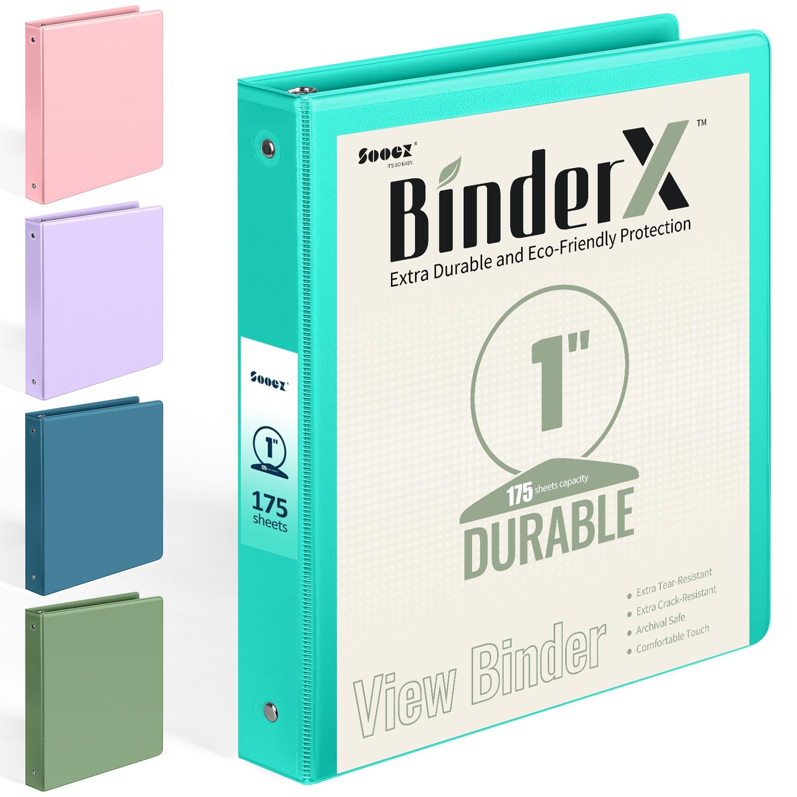 BinderX Extra Durable 3 Ring Binder, Round Rings 1 Inch Binder, Fits 175 Sheets of 8.5x11 Paper, Customizable View Cover with Inside Pockets, Cute 1" Binders, 1 Inch Binders 3 Ring, Aqua Blue