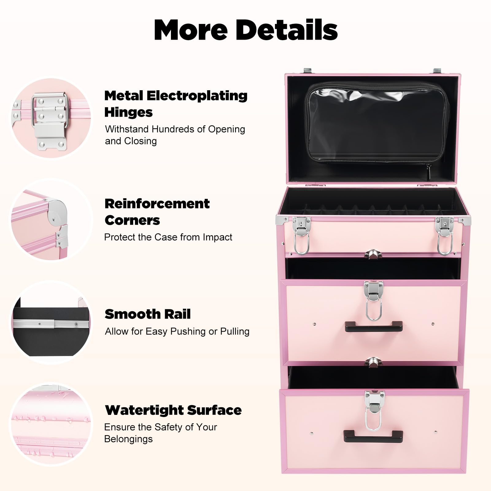 Maletín de maquillaje con ruedas con 50 compartimentos, maletín de maquillaje con 2 cajones y bolsa extraíble, de aluminio, con cerradura, capacidad de carga de 50 kg, color rosa