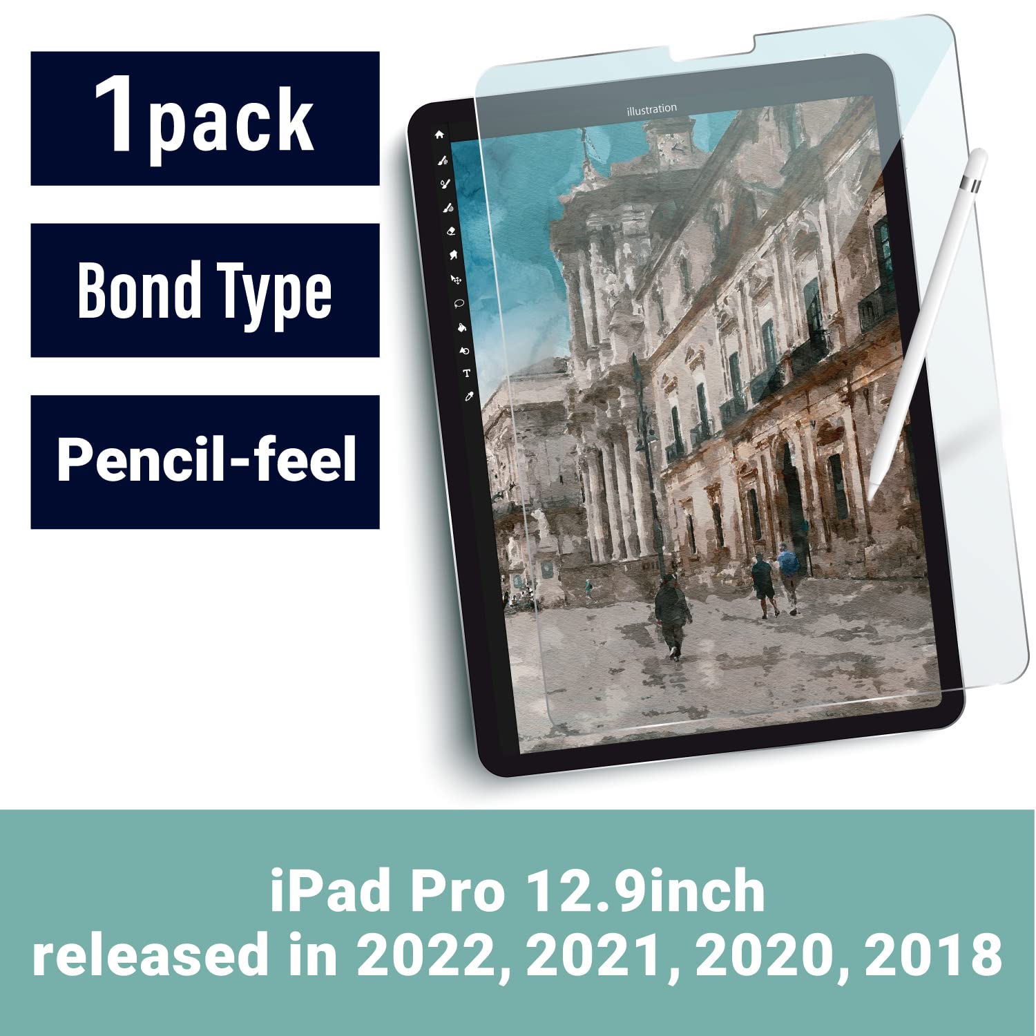 ELECOM Pencil Feel Screen Protector, Easy-Install, Bond type, for iPad Pro 12.9, (Released in 2022, 2021,2020,2018) Drawing/Notetaking/Anti-glare, Apple Pencil Compatible (TB-APB129-W)
