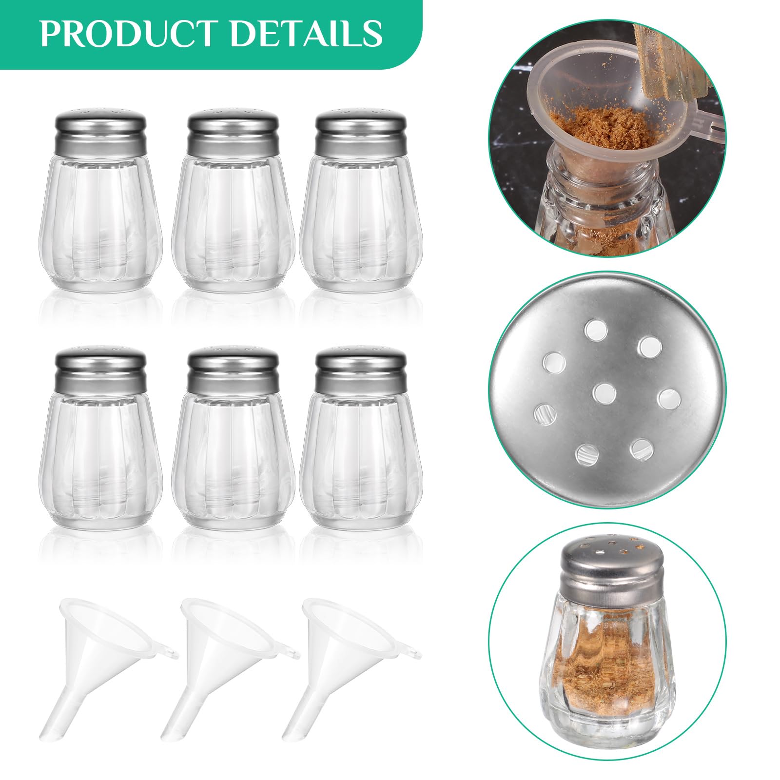 Potchen Mini pimenteros de cristal en forma de cubo para boda, restaurante, 0.5 onzas, salero pequeño, con 4 mini embudos de plástico para bodas, fiestas en casa (plata, 50 piezas)