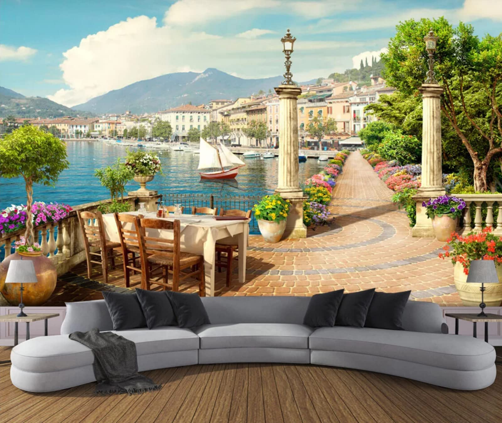 Carta Da Parati 3D Giardino Balcone Piccola Città Lago Carta Da Parati Camera Letto Moderna Fotomurali 3D Gigante Murale Decorazione