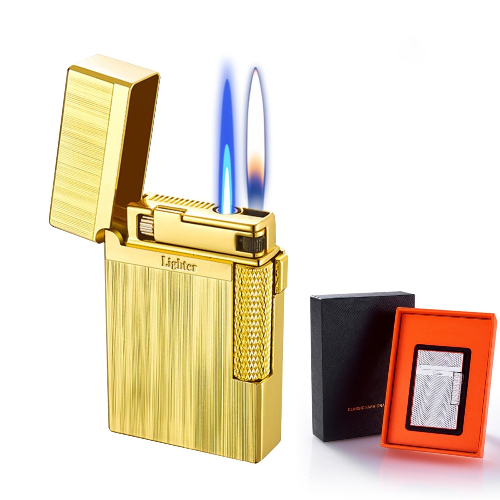 Encendedor de doble llama de butano recargable con cuerpo de metal