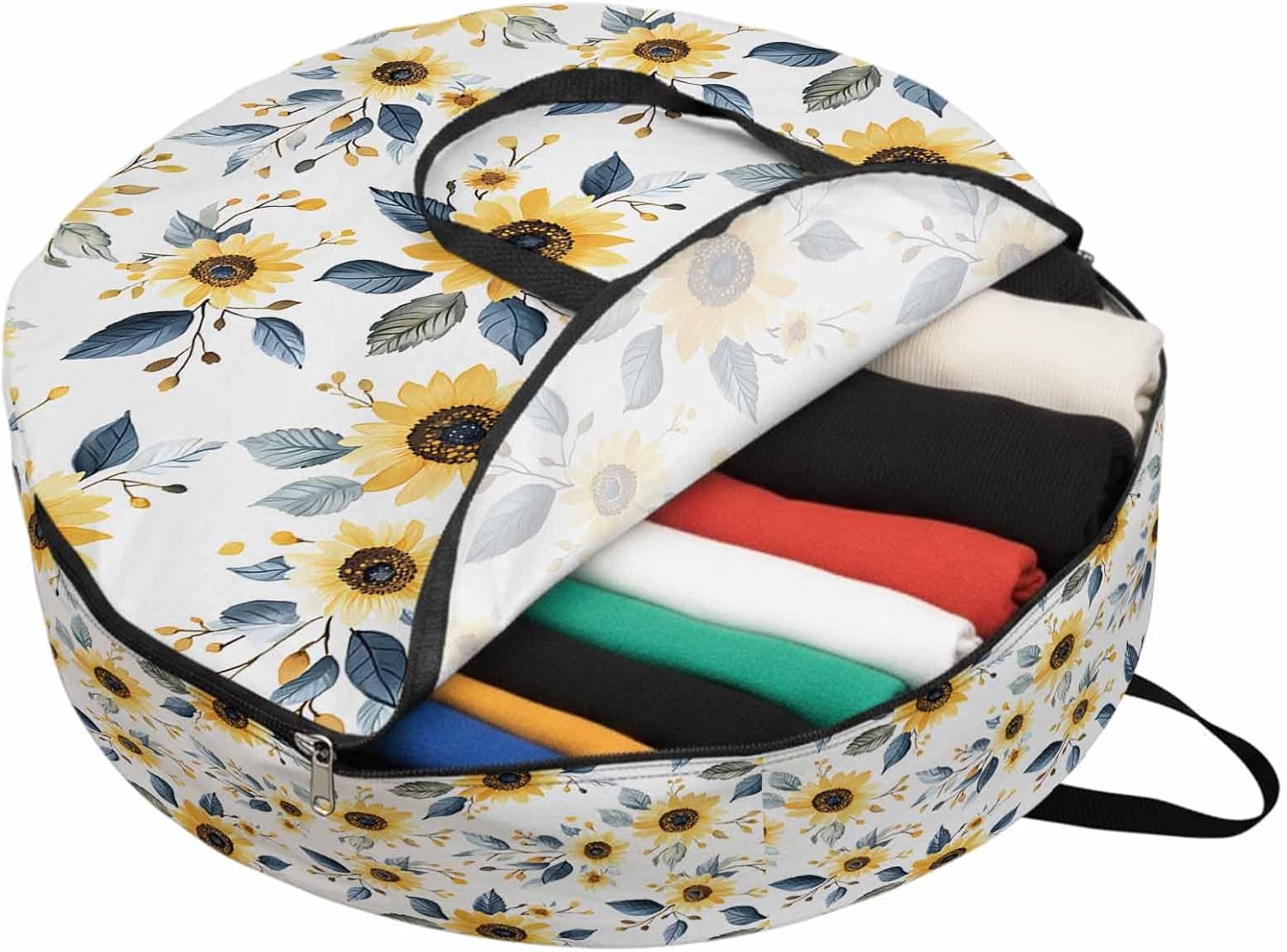 Countryside Sunflowers Round Storage Bag 36 Inch, Watercolor Floral Leaf Pastoral Clothes Storage Container with Handles Heavy Duty Organizer for Comforter, Bedding & Holiday Wreaths