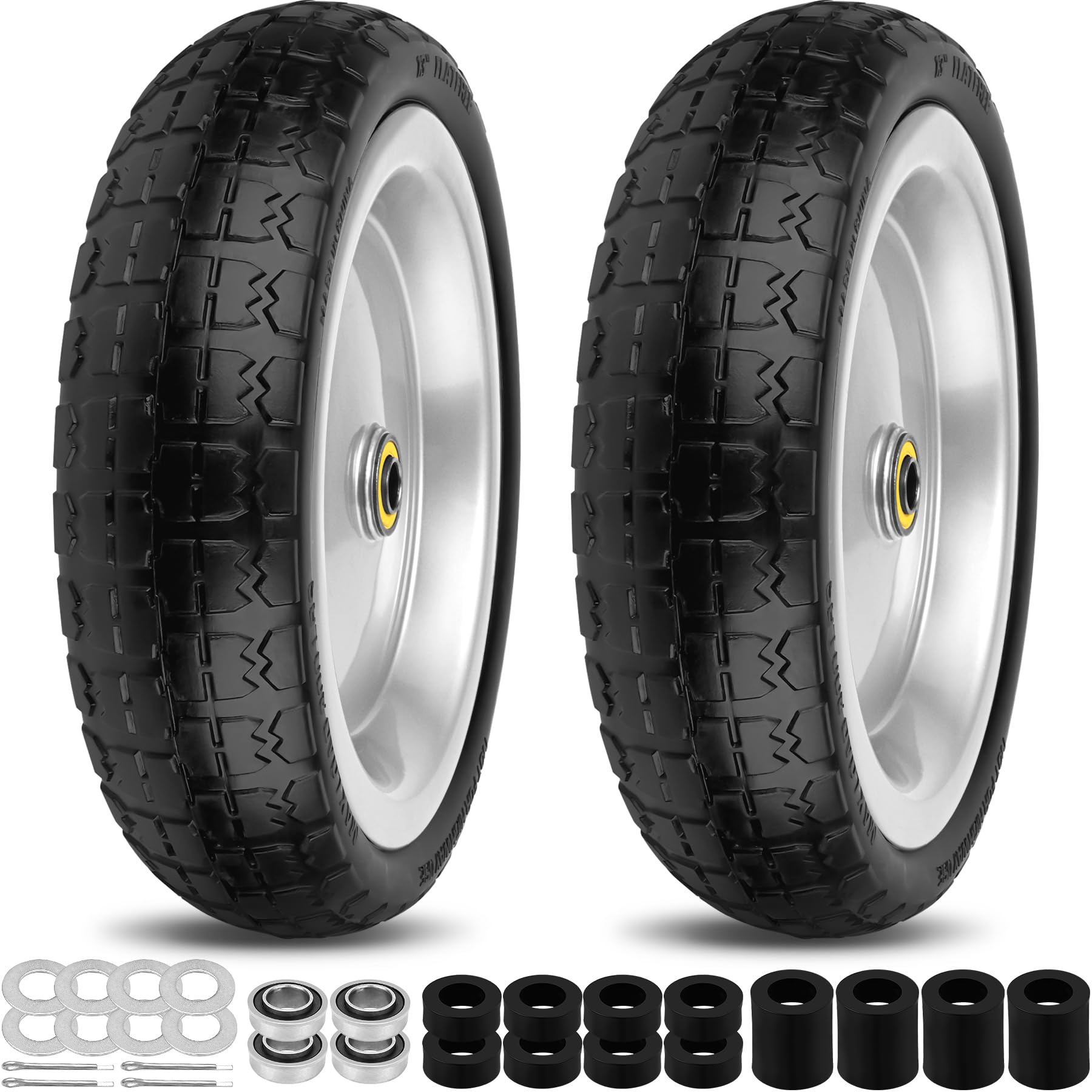 13 Inch Flat Free Wheels Tires 4.00-6 Solid Replacement with Universal 5/8" Axle Bore Hole, 8 Spacers and 4 Pins, for Wheelbarrow, Garden Wagon, Hand Truck, Trolley, Lawn Mower, 2 Pack