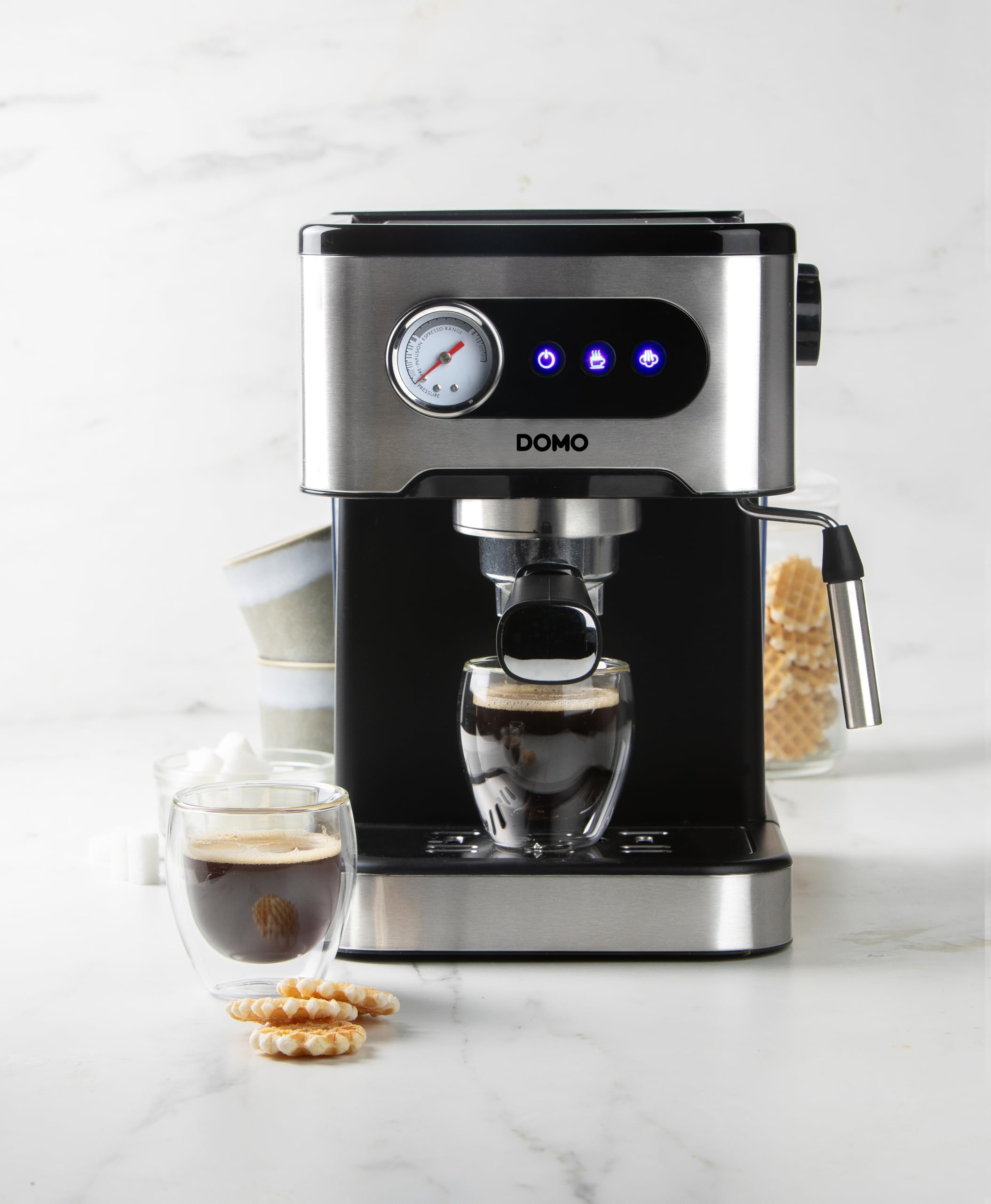 DOMO DO1138K Espressomaschine mit Manometer - 20 Bar - Mit integrierte Dampfdüse - Edelstahl/schwarz