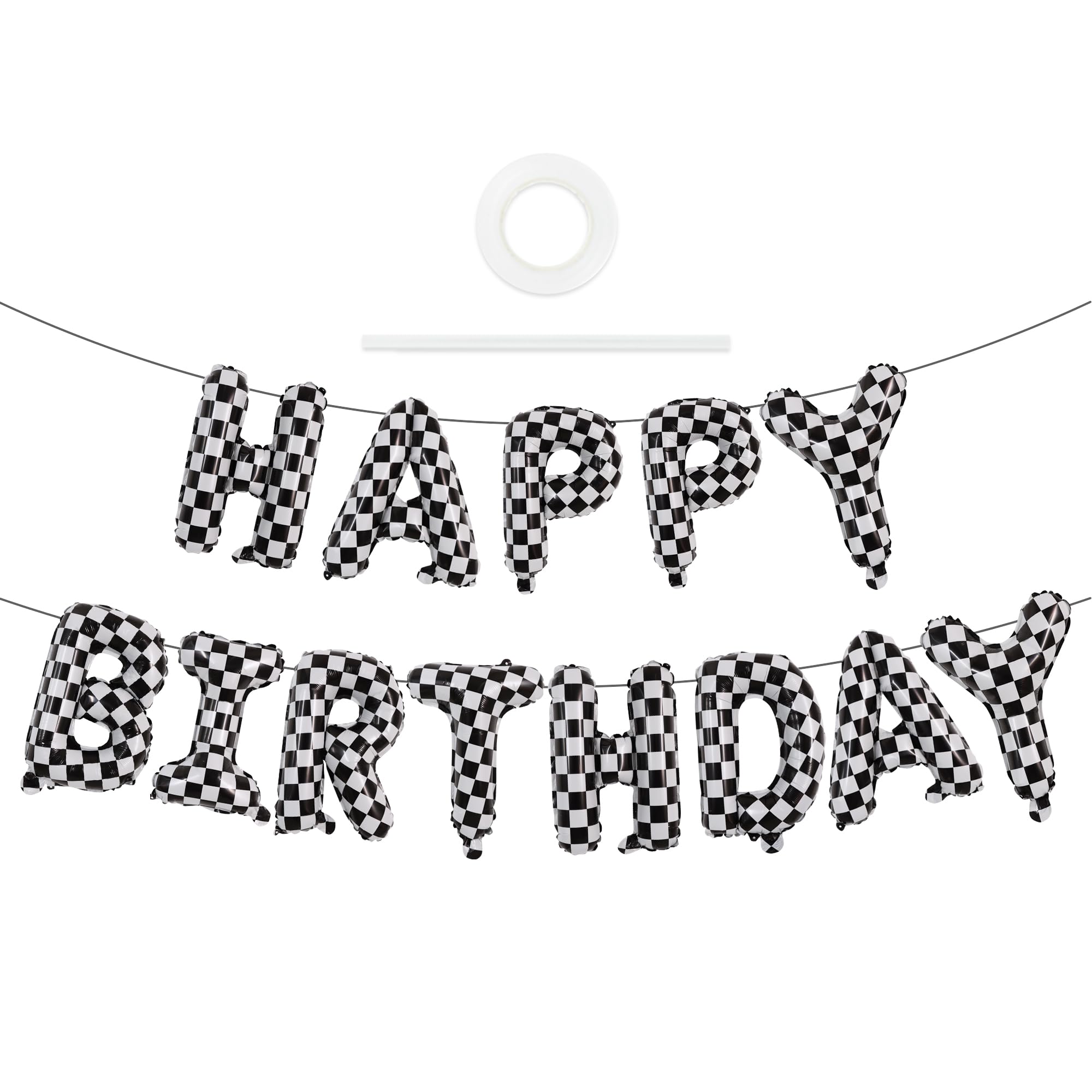 TONIFUL 16 Inch Letter Balloons Happy Birthday Balloons with Ribbon Straw, 16 Inch Mylar Letters Birthday Sign Banner Bunting Reusable for Adults Party Decorations Supplies（Checkered）