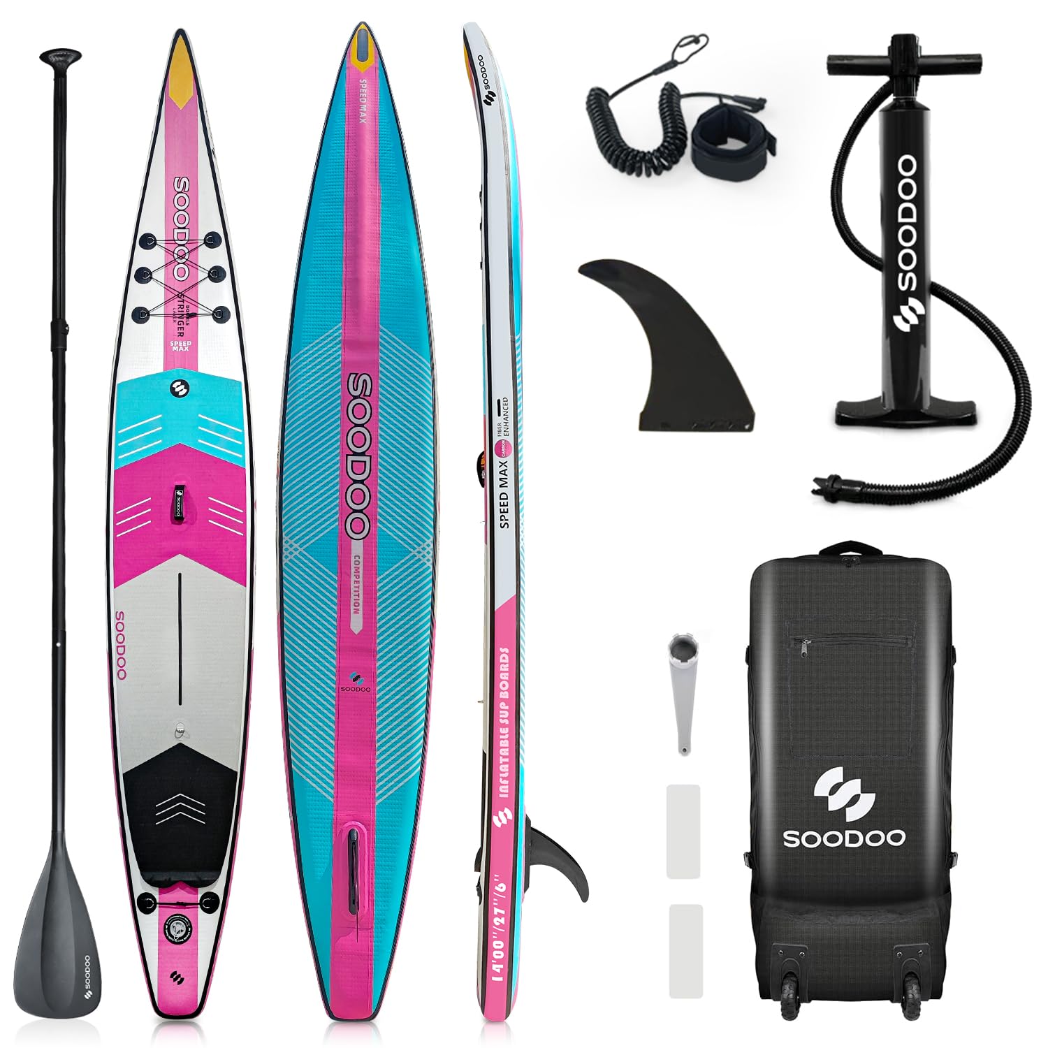 Inflatable Stand Up Paddle Board, 14'x27"x6" SUP Board, Anti-Slip EVA Pad, Portable Backpack, Pump, Inflatable Paddleboard for Adult & Youth, All Skill Levels, Maximum Load 150KG (Pink)