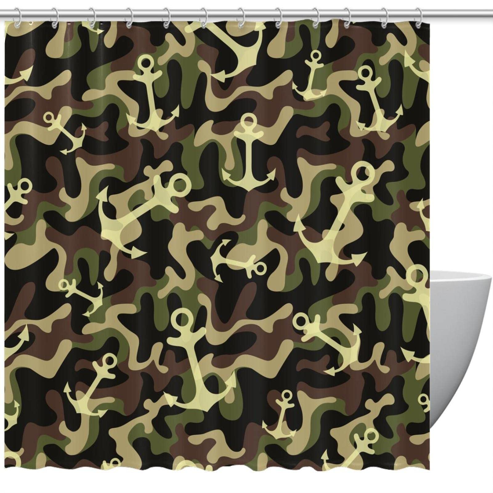 Rideau de douche imperméable contre les fuites d'eau motif camouflage vert militaire 183x183