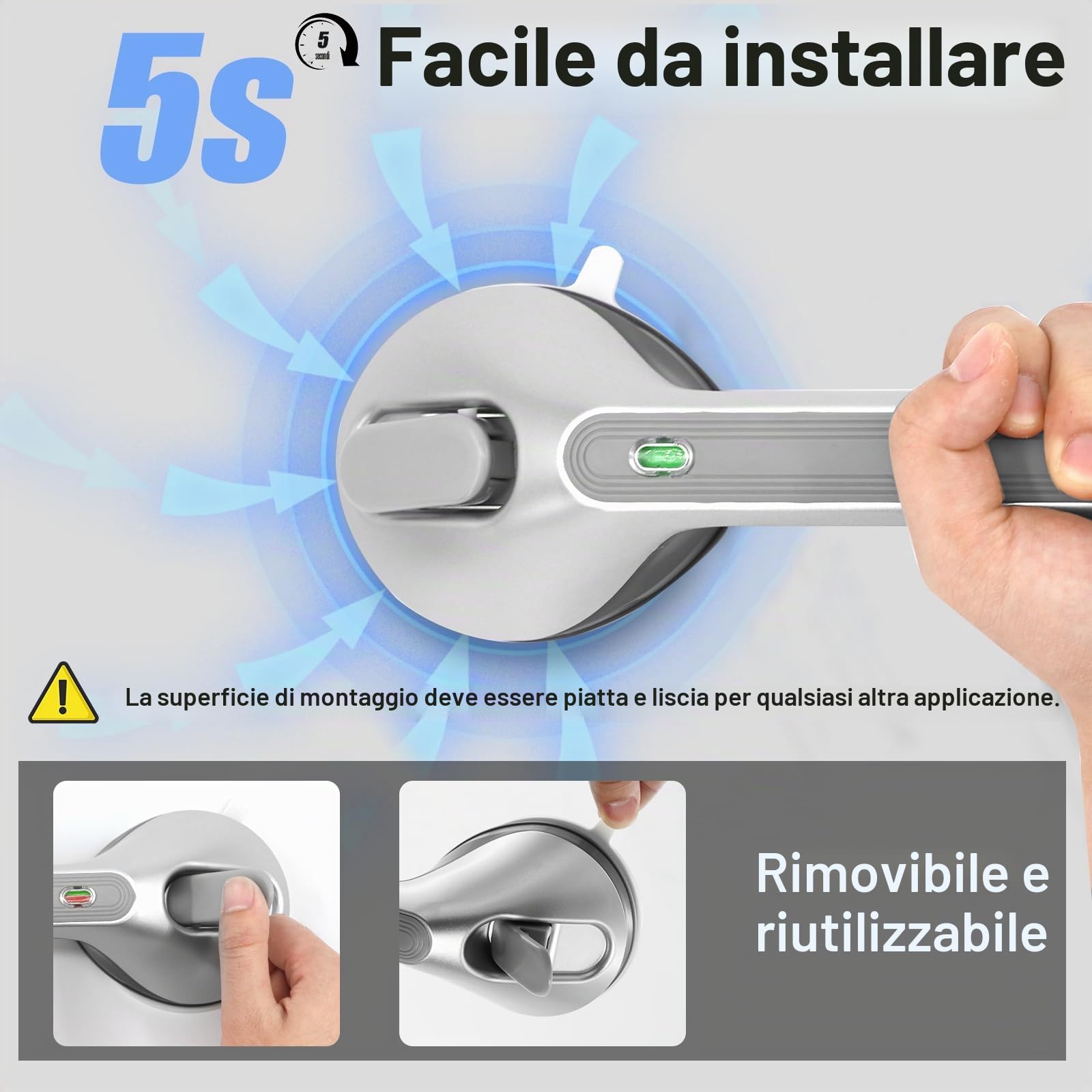Newthinking Maniglia lunga a ventosa per bagno, maniglia doccia a ventosa da 40,6 cm con indicatore, maniglia portatile di sicurezza a ventosa per la mobilità per anziani disabili (2, argento)