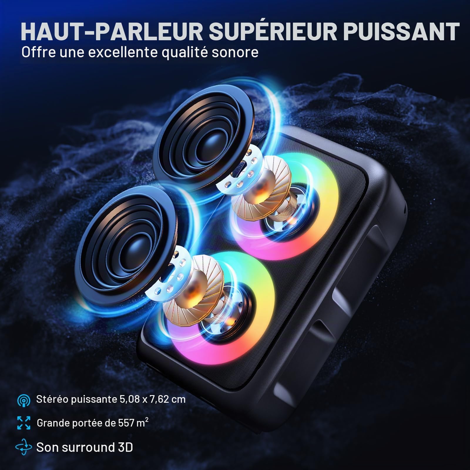 Machine à karaoké, haut-parleur Bluetooth portable avec 3 microphones de karaoké sans fil, avec trois microphones, karaoké 10 W pour adultes et enfants avec caisson de basses amélioré, système de