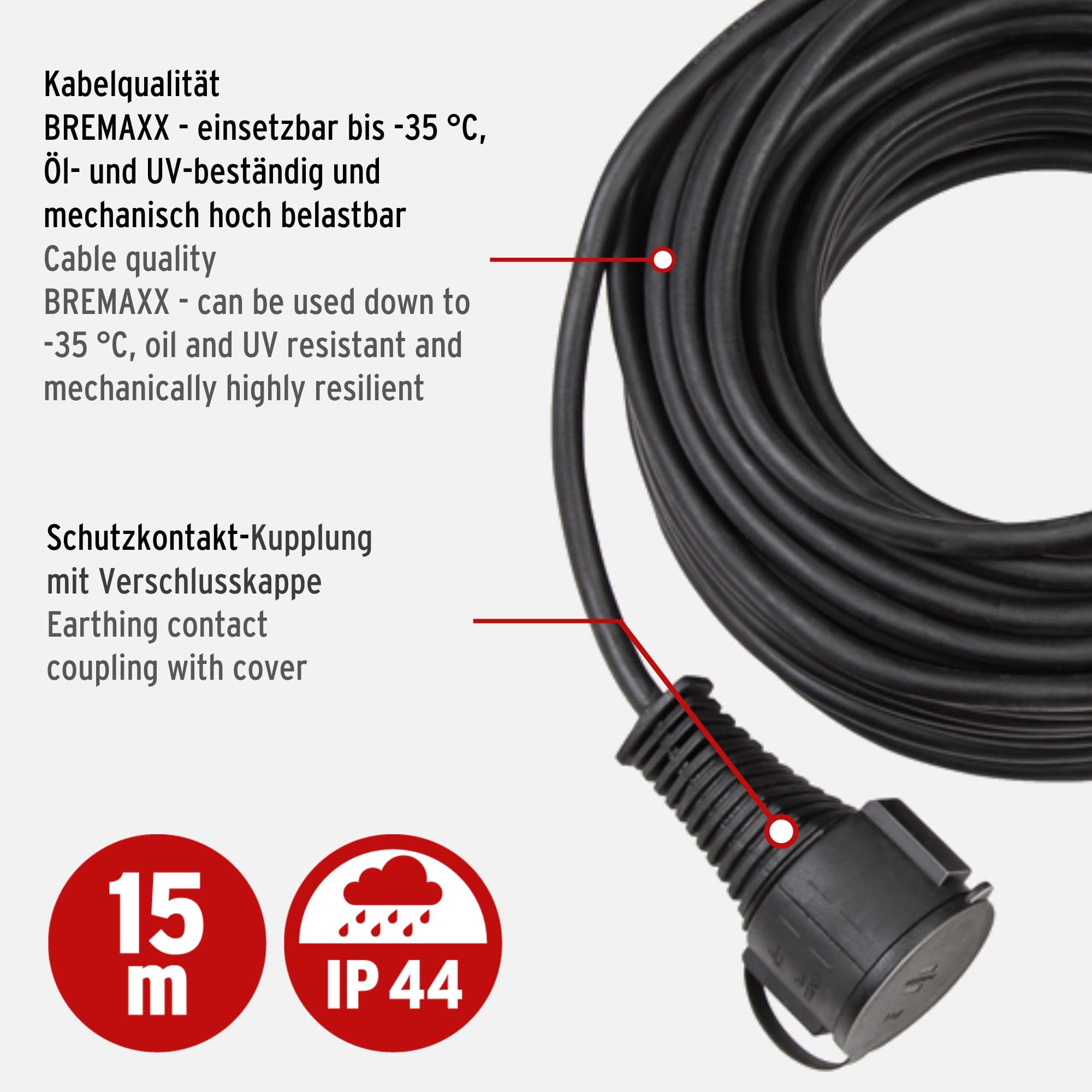 Brennenstuhl BREMAXX® cable alargador de corriente (cable de 15m, para uso corto en exteriores, Made in Germany) rojo