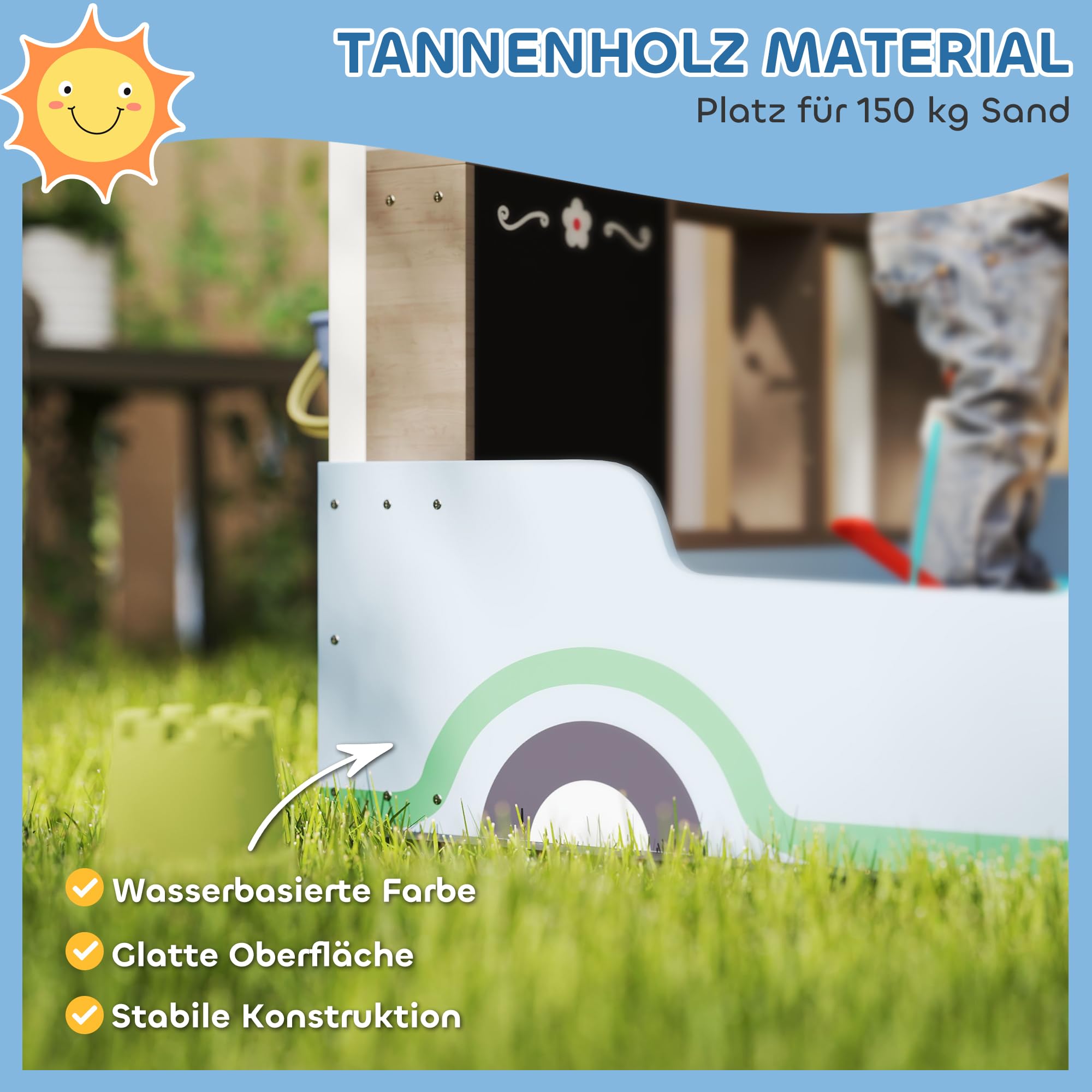 AIYAPLAY Sandkasten mit Abdeckung 90 x 120 cm aus Massivholz Imprägniert Kinder Sandbox mit Sitzbänken Zeichentafel, Pflanzkästen, Matschküche, Sandkiste für Outdoor Balkon Garten