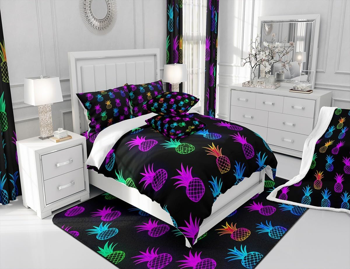 Feelyou Pineapple Comforter Set Queen Size with Pillow Case Colorful Fruits Bedding Set Girls Women Comforter Tropical Pineapple Soft Comforter Set 3pcs Machine Washable