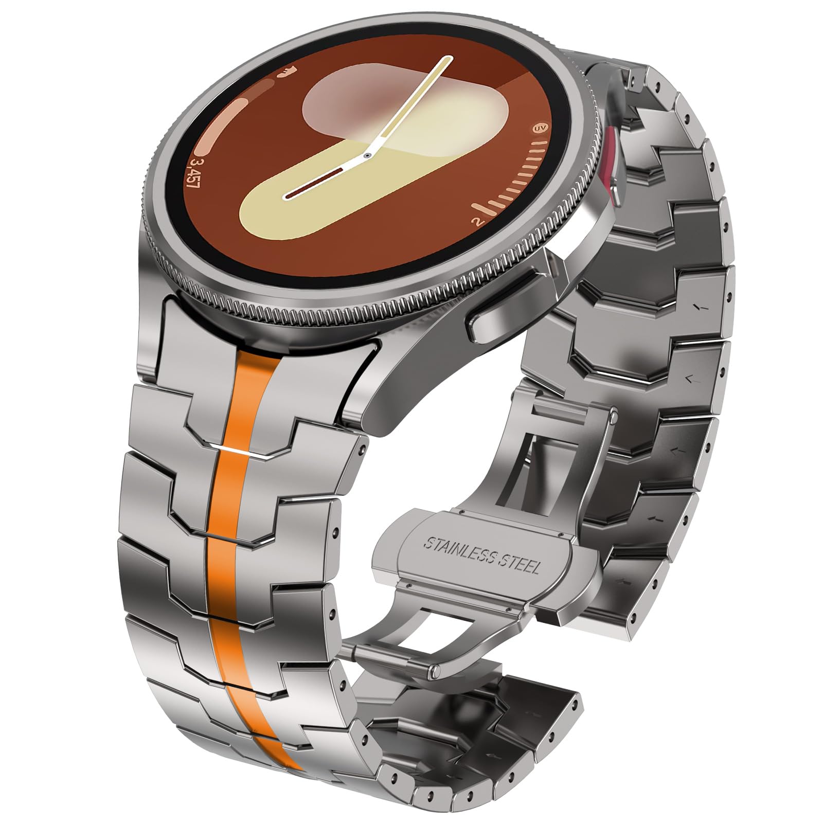 WINGLE Metal Bands for Samsung Galaxy Watch 7 6 5 4 Band Galaxy Watch 6 Classic/5 Pro/4 Classic/FE Band Men 47mm 43mm 45mm 44mm 40mm 46mm 42mm No Gap Solid Stainless Steel Link, Titanium/Orange