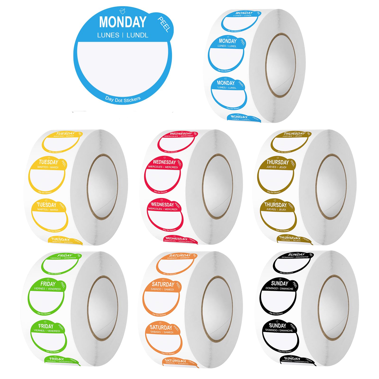 Day Dots Food Labels, 1 Inch 7000 Pcs Removable Date Stickers for Food, 7 Rolls Wmiwulien Day Labels for Restaurant Kitchen Containers, Self Adhesive