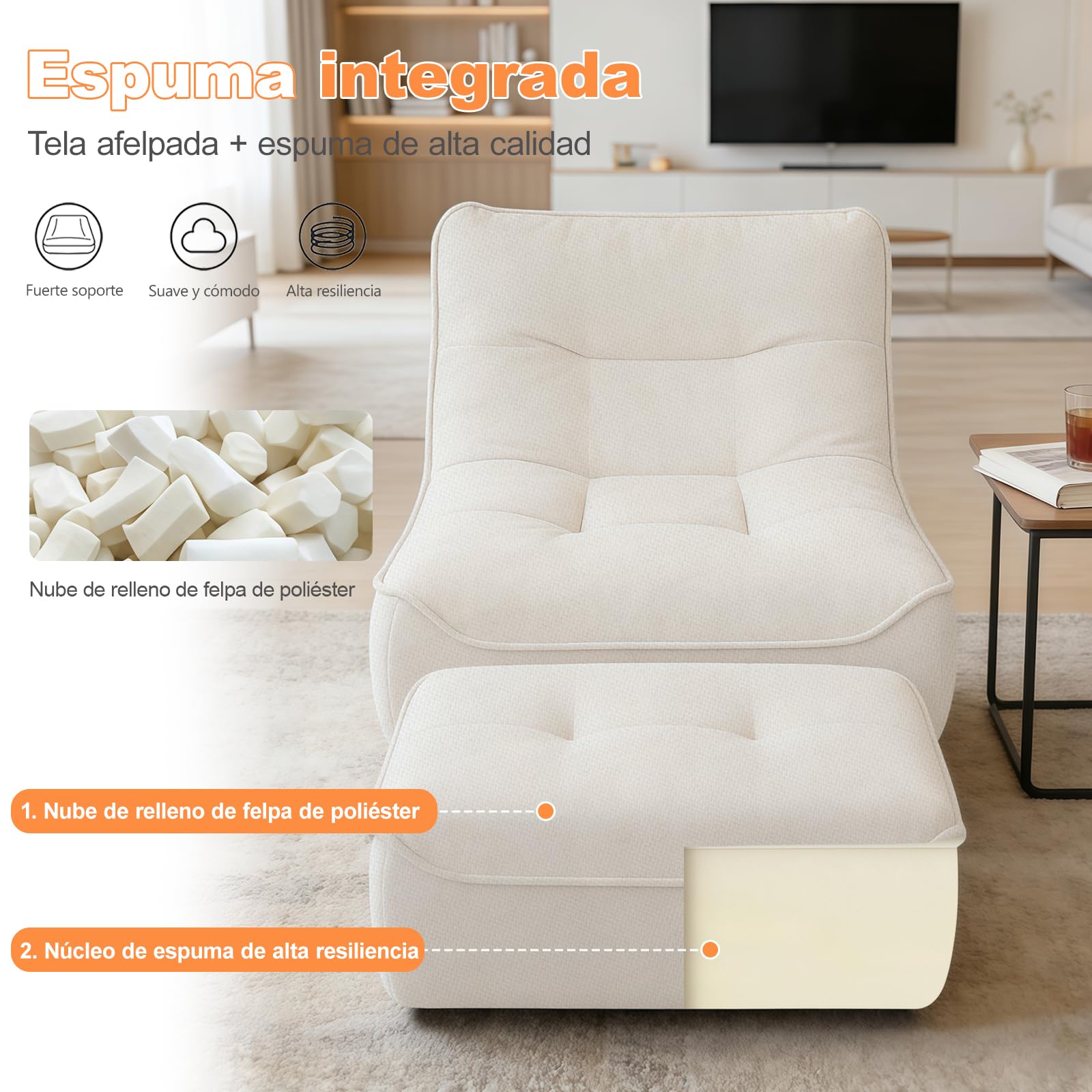 Sofá Puf, Grandes Tumbonas Puf con Otomana para Adultos y Niños Cómodo Sofá de Suelo con Relleno de Espuma Viscoelástica para el Dormitorio y el Salón