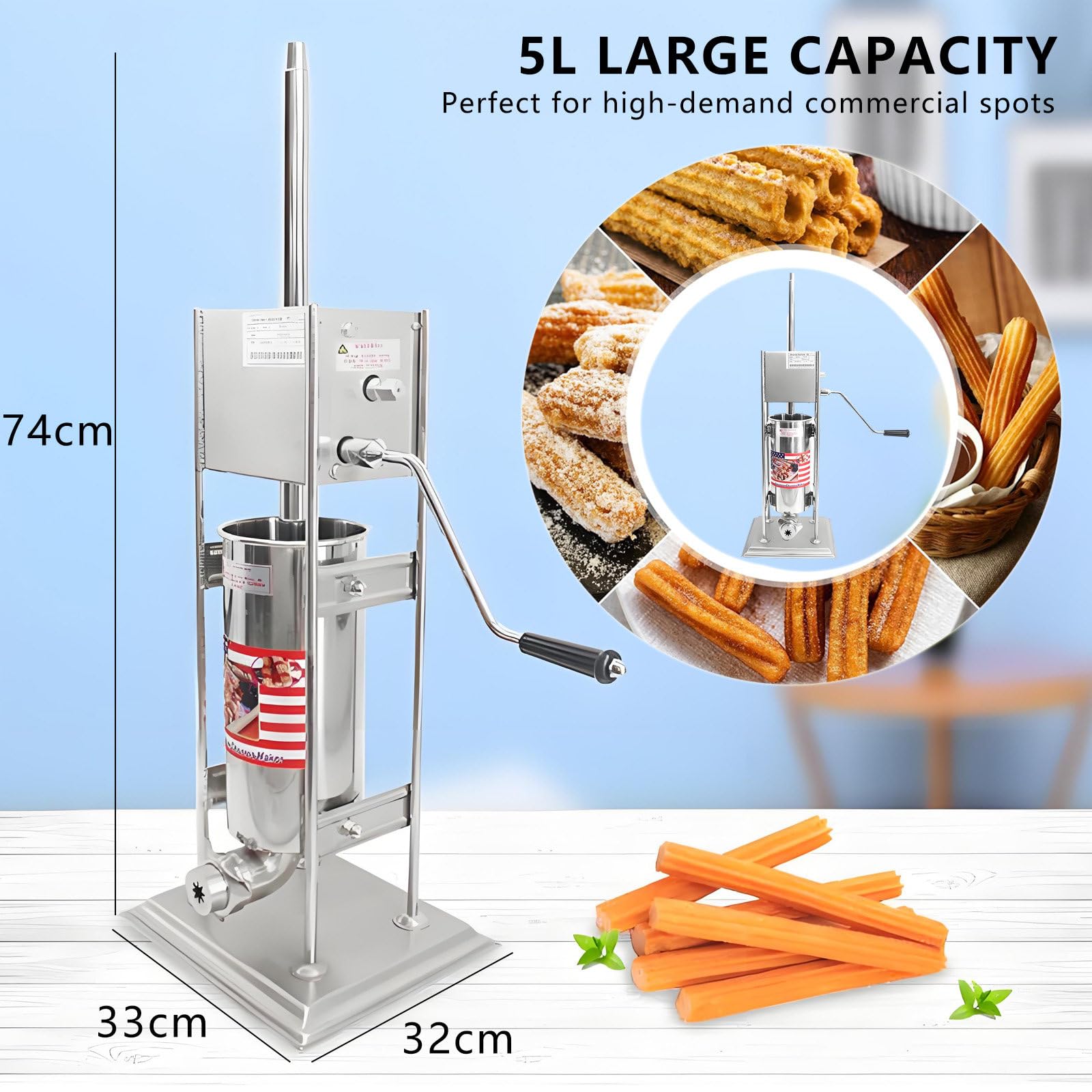 Machine à Churros Manuelle Professionnelle - TréMie Grande Capacité De 5 L, en Acier Inoxydable, avec 5 Buses, pour Boulangeries Et Food Trucks
