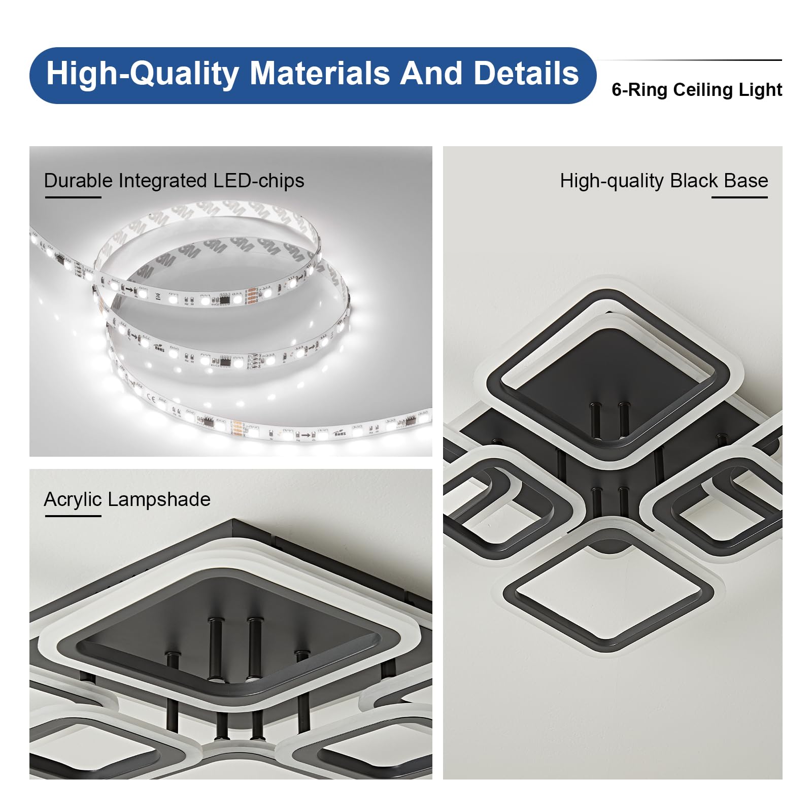 OKELI Moderne LED led Deckenleuchte, 48W Schwarze Deckenlampe mit 7 quadratischem Acryl-Design, Große Kronleuchter Deckenleuchten für Wohnzimmer, Schlafzimmer und Küche, 6000K