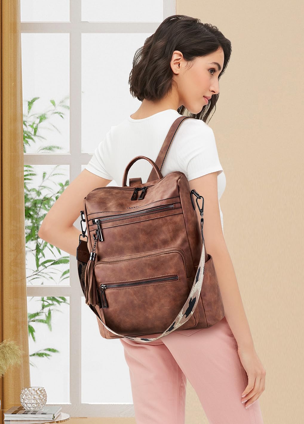 Shrrie Rucksack Damen,Cityrucksack Reiserucksack,PU Lederrucksack Handtasche Rucksack Damen Wasserdicht mit Geldbörse für Freizeit,Büro,Pendeln,Arbeit,Daypack-Nubukbraun