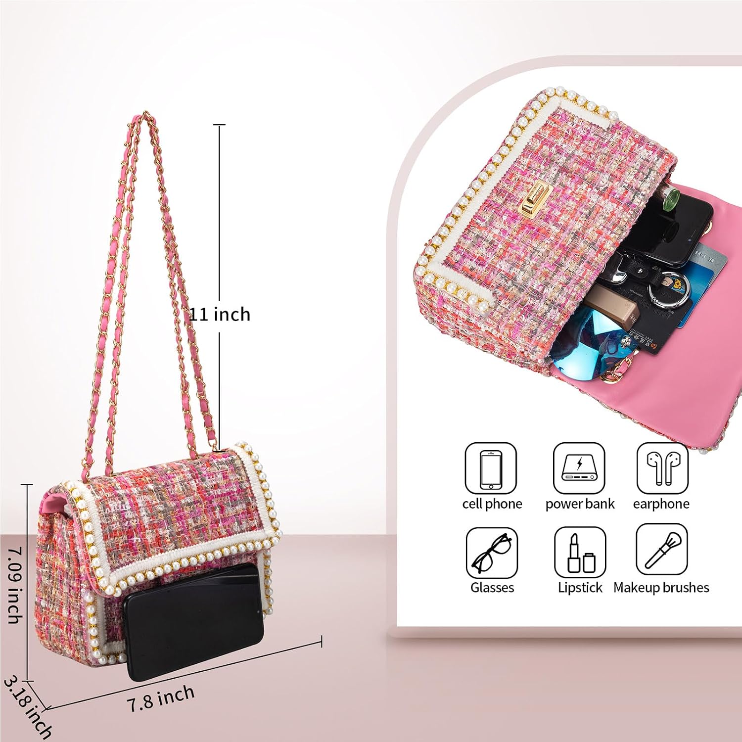 Crossbody Bag Clutch for Women Small Handbag Vintage Tweed Pearl Chain Purse Evening Satchel Shoulder Bag Cross body