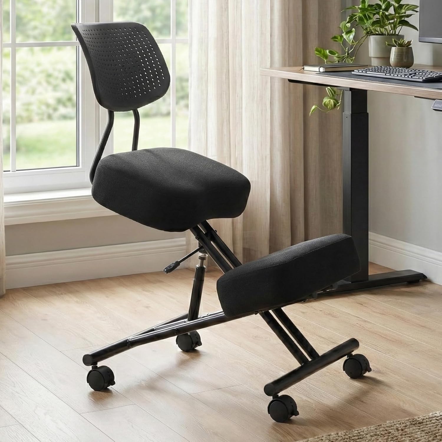 Kneeling Chairs with Backrest Linen Ergonomic Home Office Chair Adjustable Height Seat Rolling Wheels Comfort Thick Cushion Work Stool Improve Posture Chair