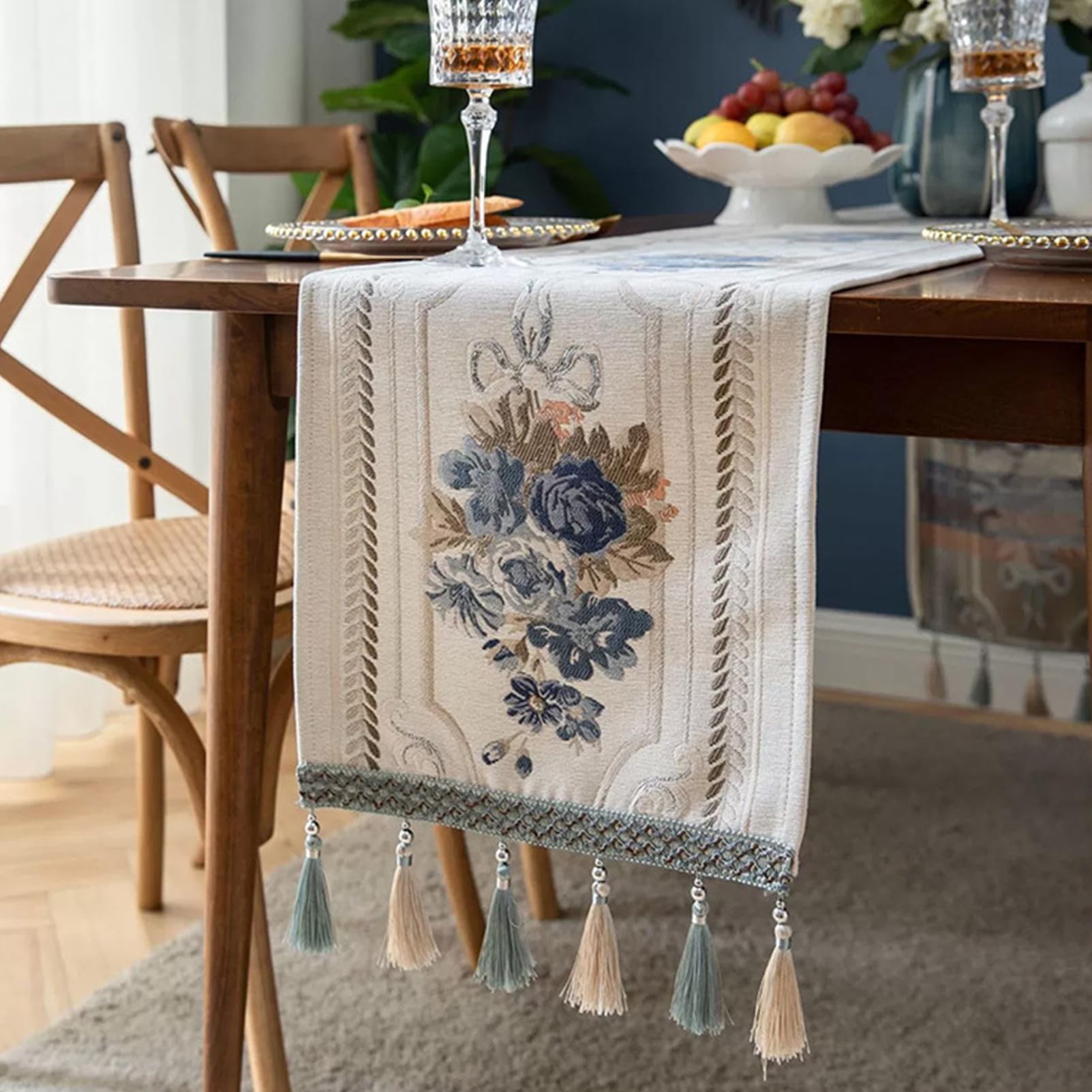 Luxus Tischläufer mit Multi-Quasten, Lange Elegante Stickerei Jacquard Tischläufer Kommode Schal für Esszimmer Party Bankett Couchtisch, Weiß, 32x300cm
