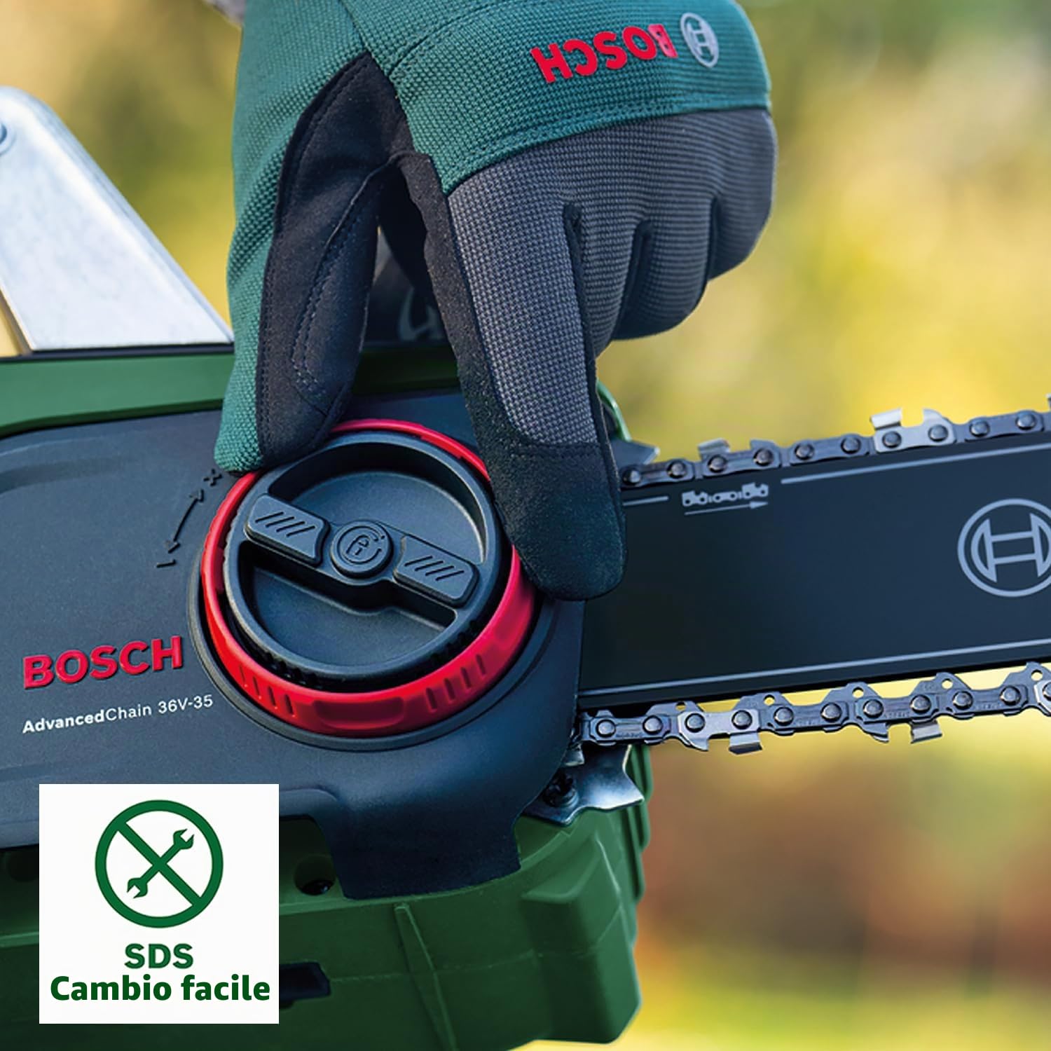 Bosch Sega a catena a batteria AdvancedChain 36V-35-40 (per tagliare in legno duro; 36 Volt System; velocità della catena: 14m/s; senza batteria)