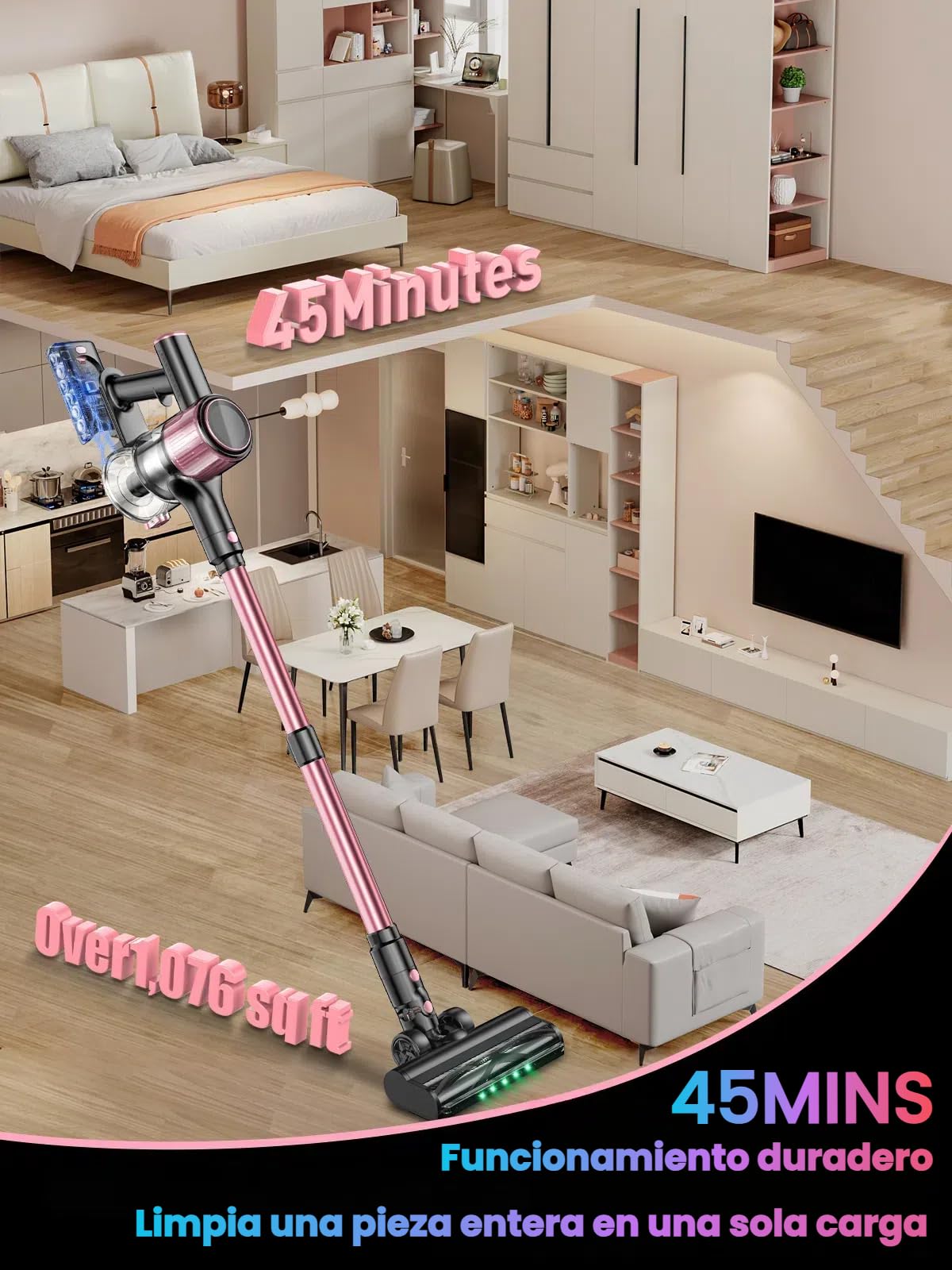 45KPa/500W Aspiradora sin Cable, Potente hasta 45 Mins con Smart Screen, 1.5L y Manguera Extensible, con Smart Screen y Cepillo Antienredos, Alfombra Pelo Mascota Suelo（Polvo）