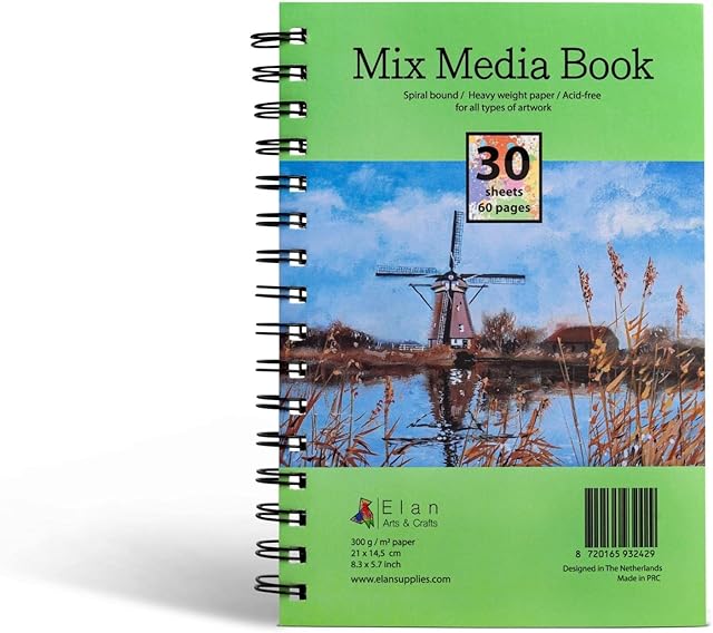Elan Mixed Media Book A5, 30 Sheets 300gsm Paper, Multi-purpose Art Pad A5, Acid-Free Paper Art Books, Heavy Paper Mixed Media Sketchbook, Mixed Media Paper, Art Sketchbook A5 for Drawing and Painting