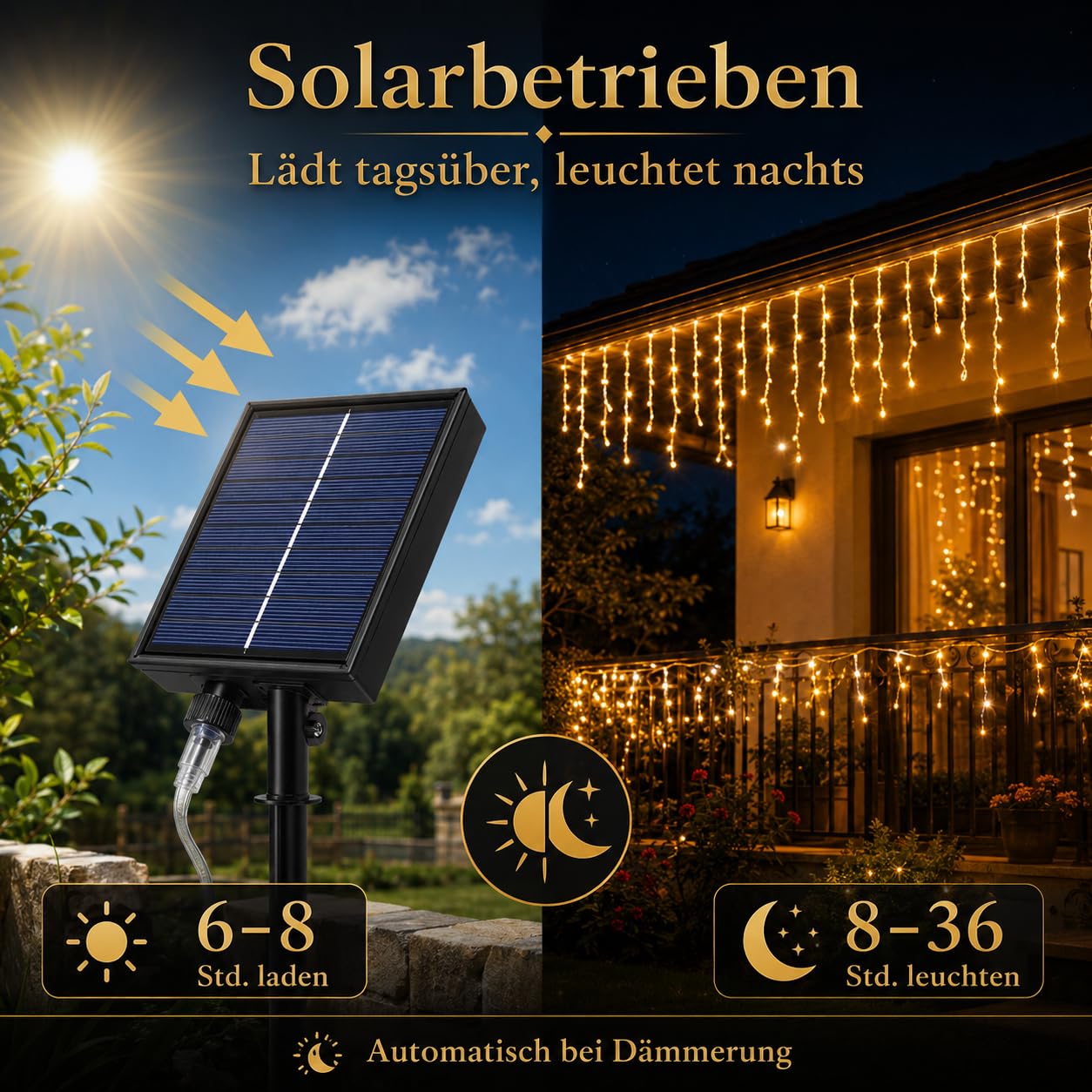 1 catena luminosa a energia solare per esterni, 5 m, 256 LED, IP44, impermeabile, con telecomando, 8 modalità, timer, per esterni, giardino, balcone, terrazza, luce bianca calda