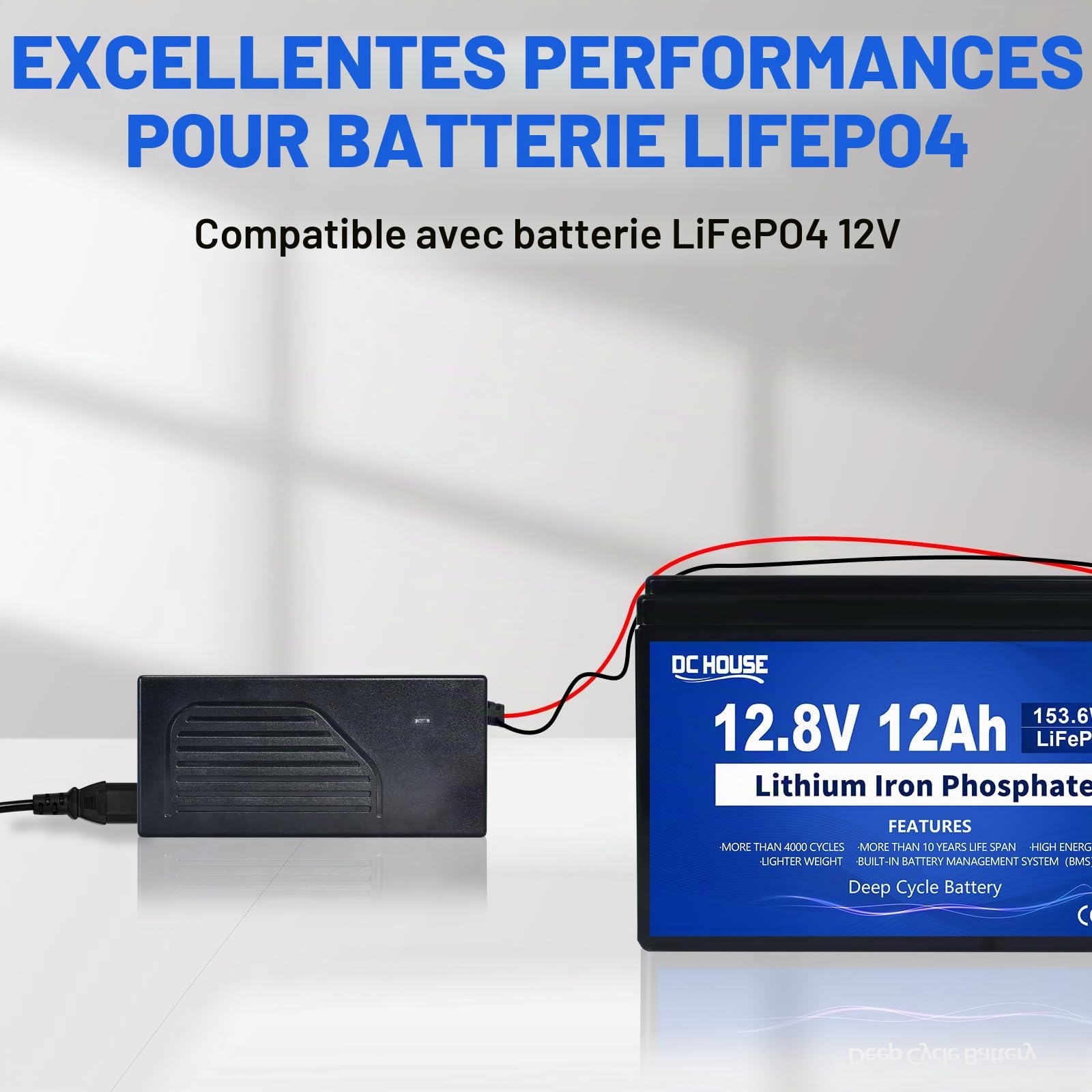 DCHOUSE Chargeur de Batterie au Lithium Automatique Intelligent 4A 12V, spécialement conçu pour Les Batteries LiFePO4 12,8V