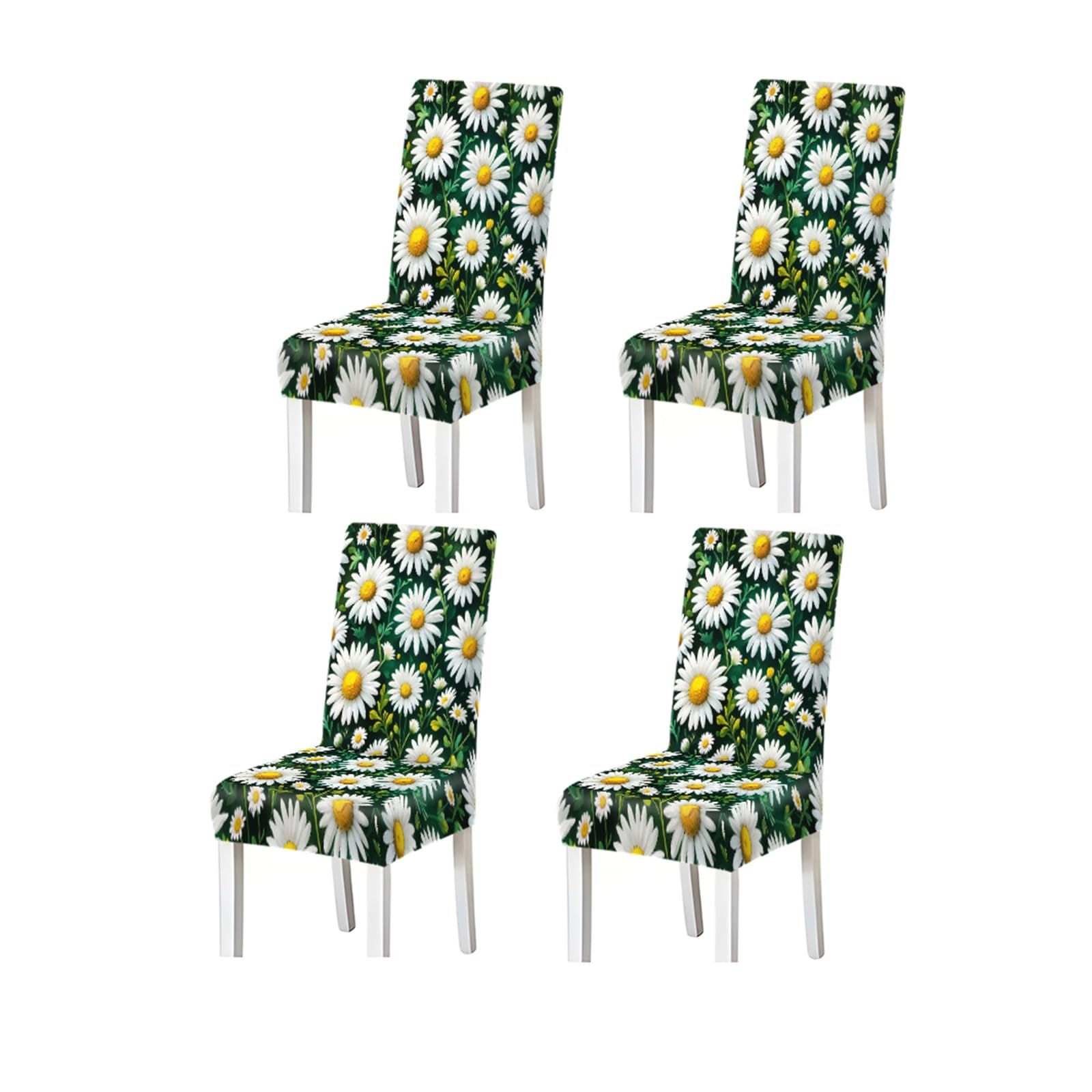 KXUAUV Dining Chair Covers 2/4/6 Pieces, Stretch Slipcovers White Daisy Floral Pattern Green Background For Kitchen Dining Room Home Seat Protectors for Restaurant Hotel Party(4PCSChair cover)