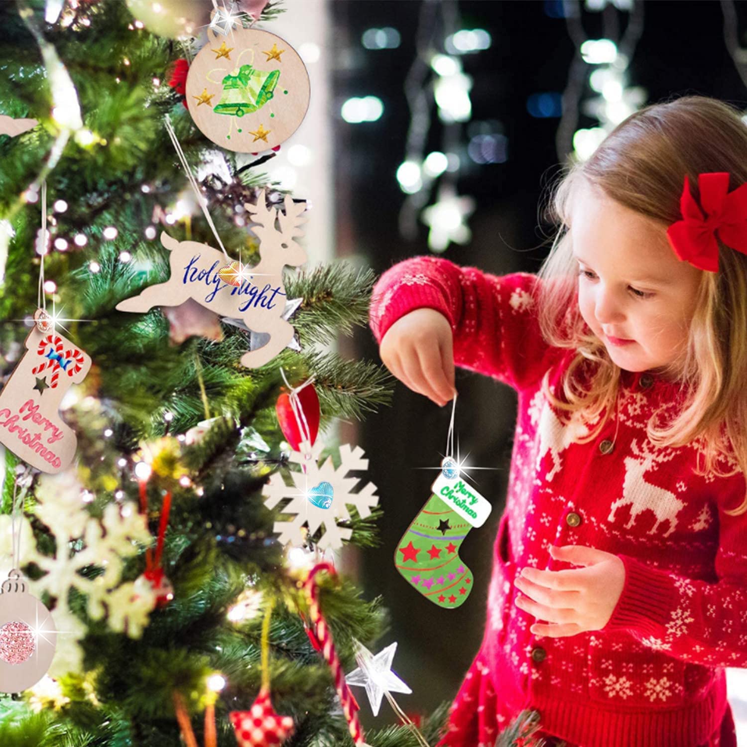 MEISHANG Adornos Arbol Navidad Madera,Decoración Arbol de Navidad Colgante de Madera-Con Cordón-Manualidades de Navidad,Adornos Navideños Adecuado para Cajas de Regalo Decorativas,árboles de Navidad