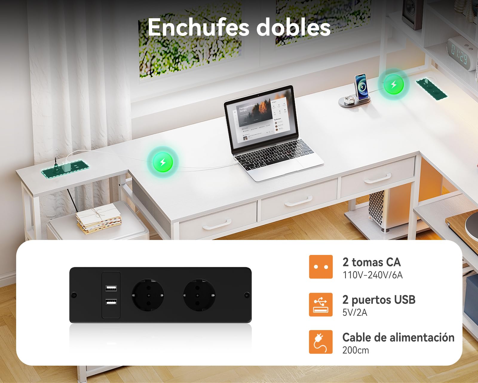 Coleshome Escritorio de Esquina en L con 5 Cajones, 4 Estantes, Luz LED, Tomas de Corriente y USB, Ideal para Oficina en Casa, Estudio o Juegos, Blanco, 200x110 cm