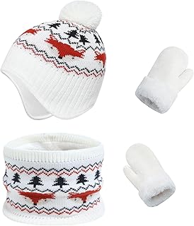 2025 - Chicminie - Conjunto de 3 piezas con gorro, pañuelo, guantes y estampado grueso, calzoncillo de punto, retención de calor, resistente al viento, mantiene el calor, para niñas y niños