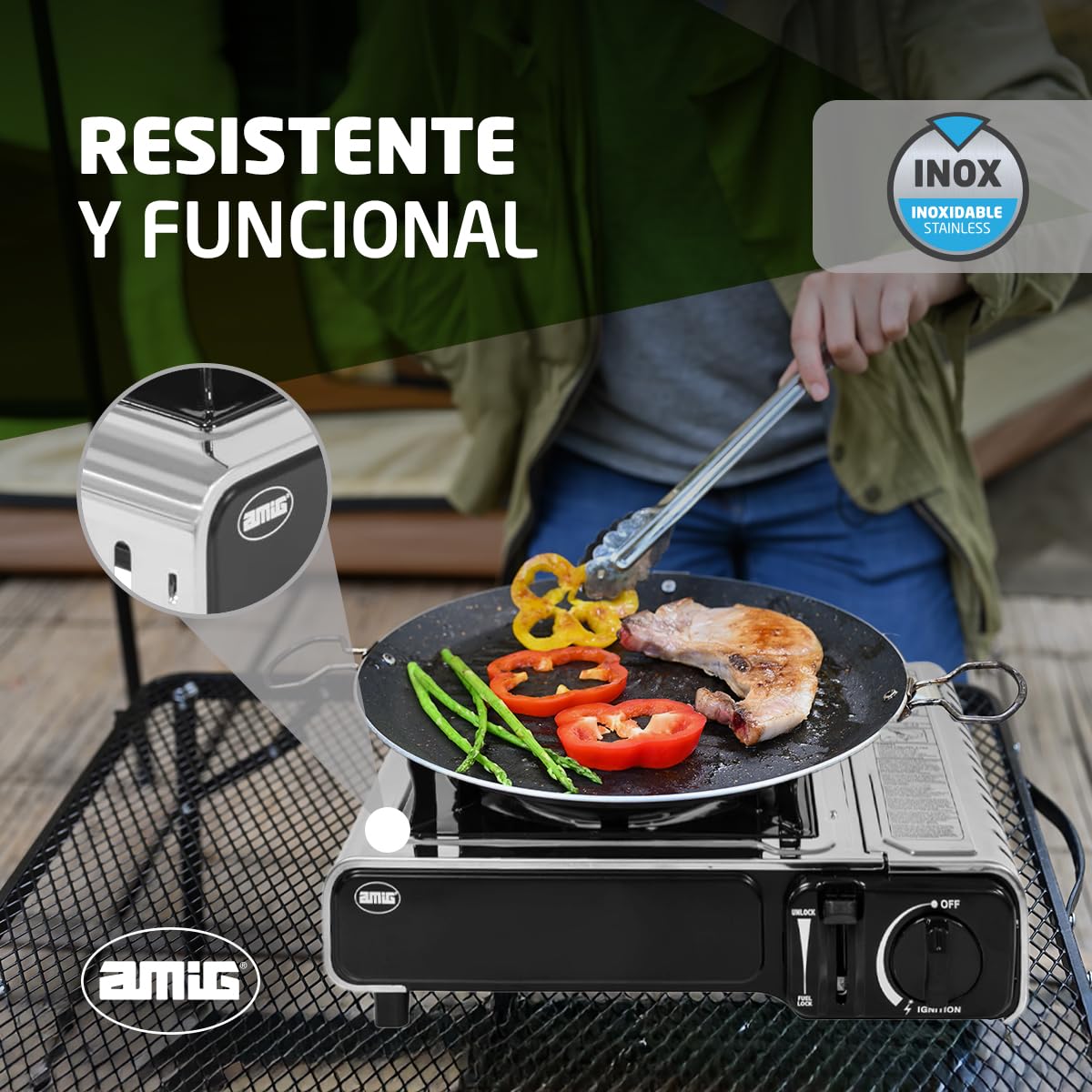 Amig - Hornillo Camping Gas - Cocina Portátil Camp01-2,2 kW Potencia - Parabrisas y Soporte Sartén - Certificación CE - Compatible Botellas CP 250 (No incluída) - Excursiones - Acero Inoxidable