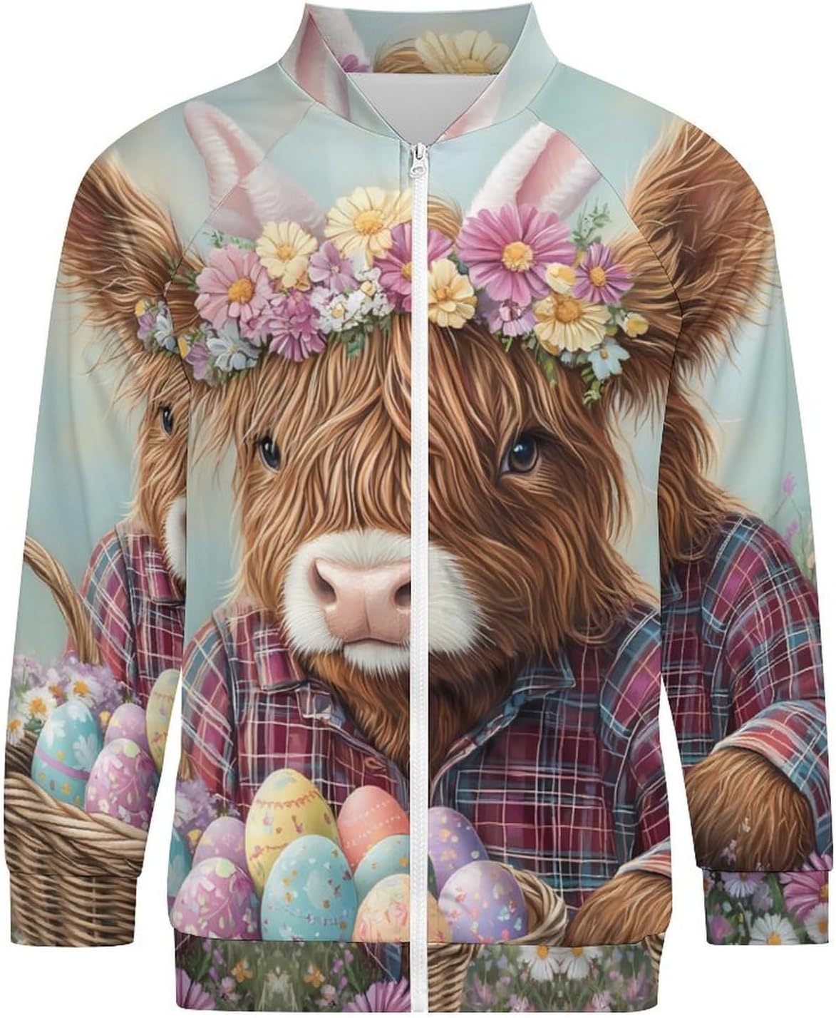 Highland Cow Easter Eggs Men's Zip Up Sweatshirt Casual Sweater Jackets Long Sleeve Tops Lightweight Coat
