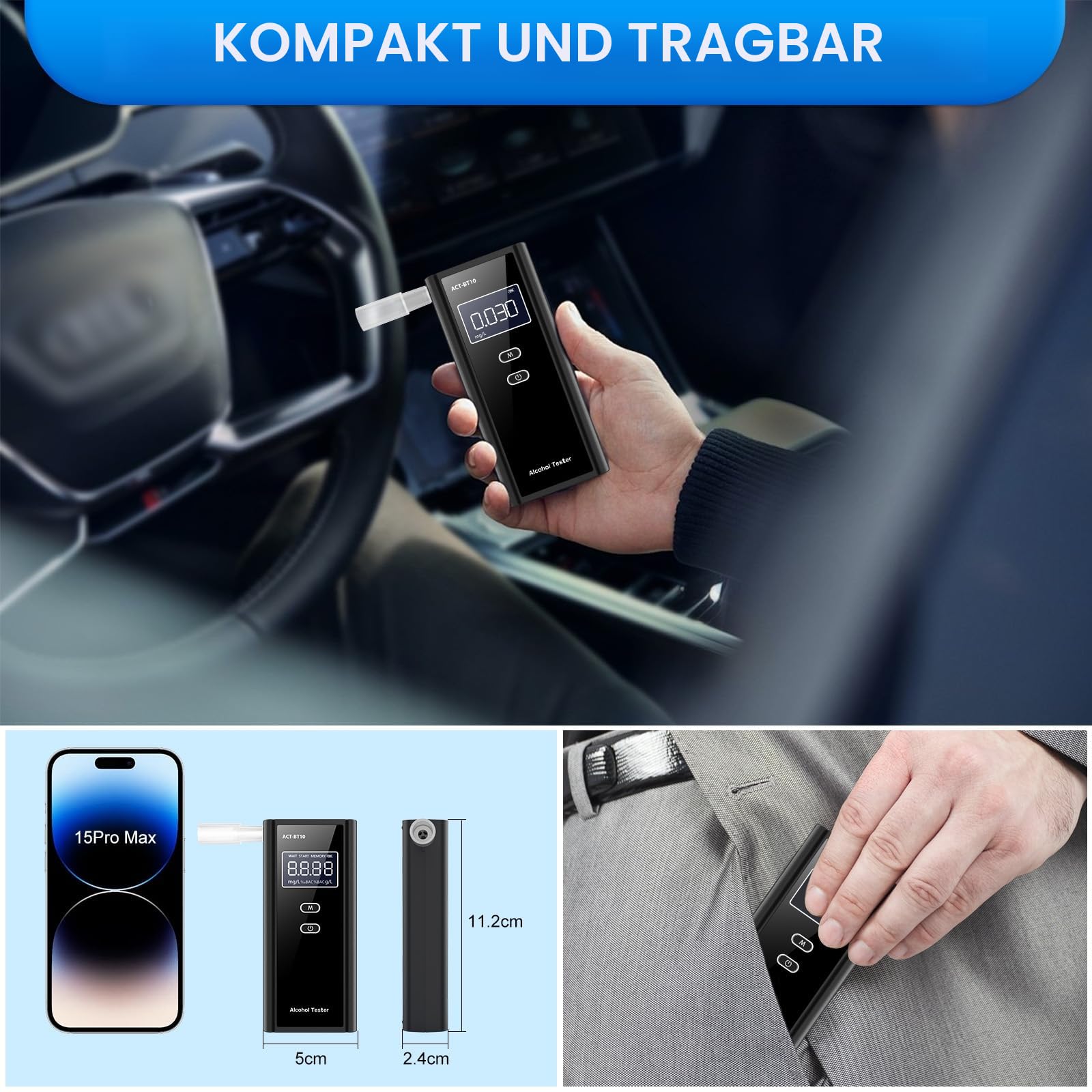 Alkoholtester Polizeigenau, Professioneller Alkoholmessgerät mit digitaler LCD-Anzeige Promillemessgerät Atemalkoholtester mit 10 Mundstücken, Gradgenauigkeit für Outdoor Patry