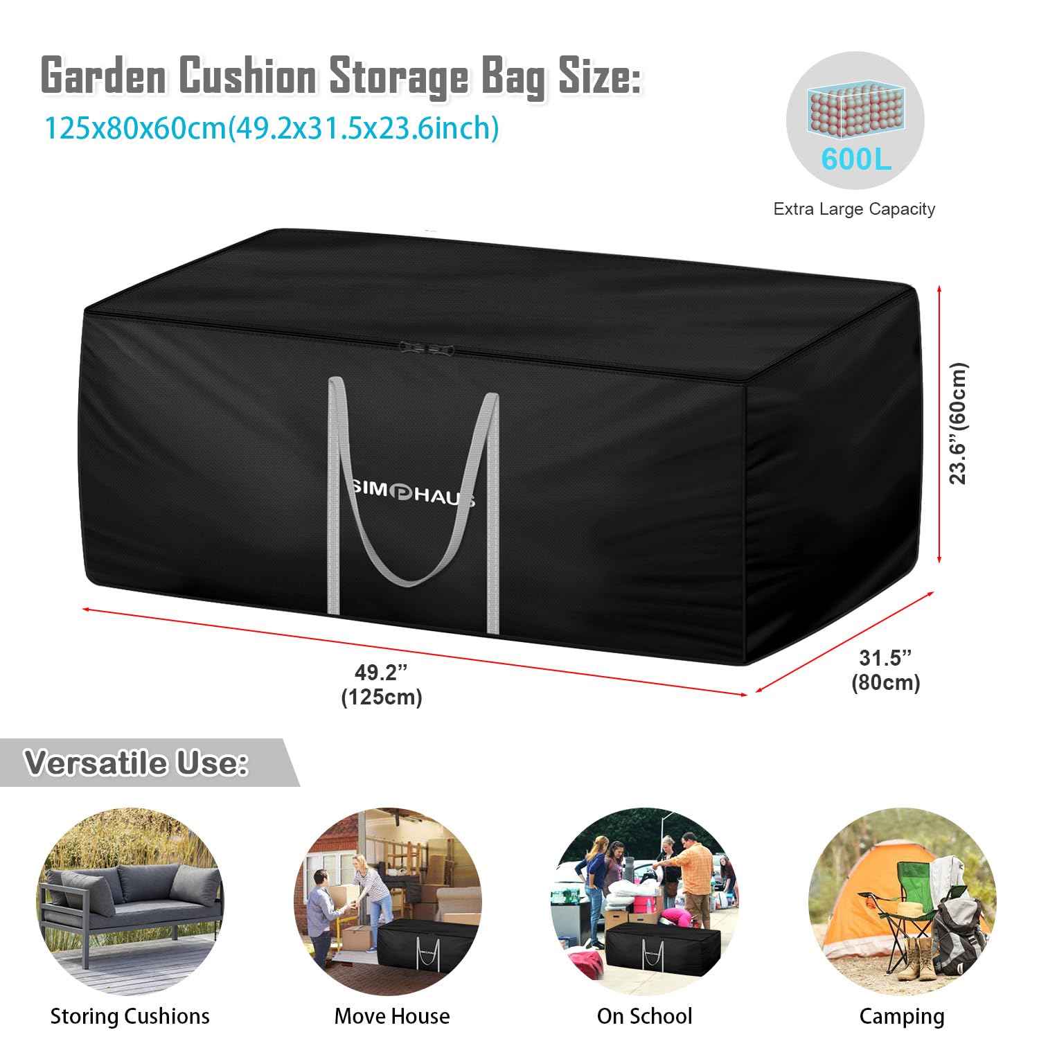 SIMPHAUS Garden Furniture Cushion Storage Bag,420D Oxford Fabric Versatile Large Outdoor Cushion Storage Bags for Garden Cushions Storage,Christmas Tree Storage Bag with Zip 125x80x60cm - Image 2