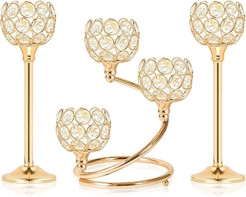 Juego de 3 portavelas de cristal de metal dorado, elegante centro de mesa de metal de 5 brazos con cuenco de cristal brillante, decoración de mesa