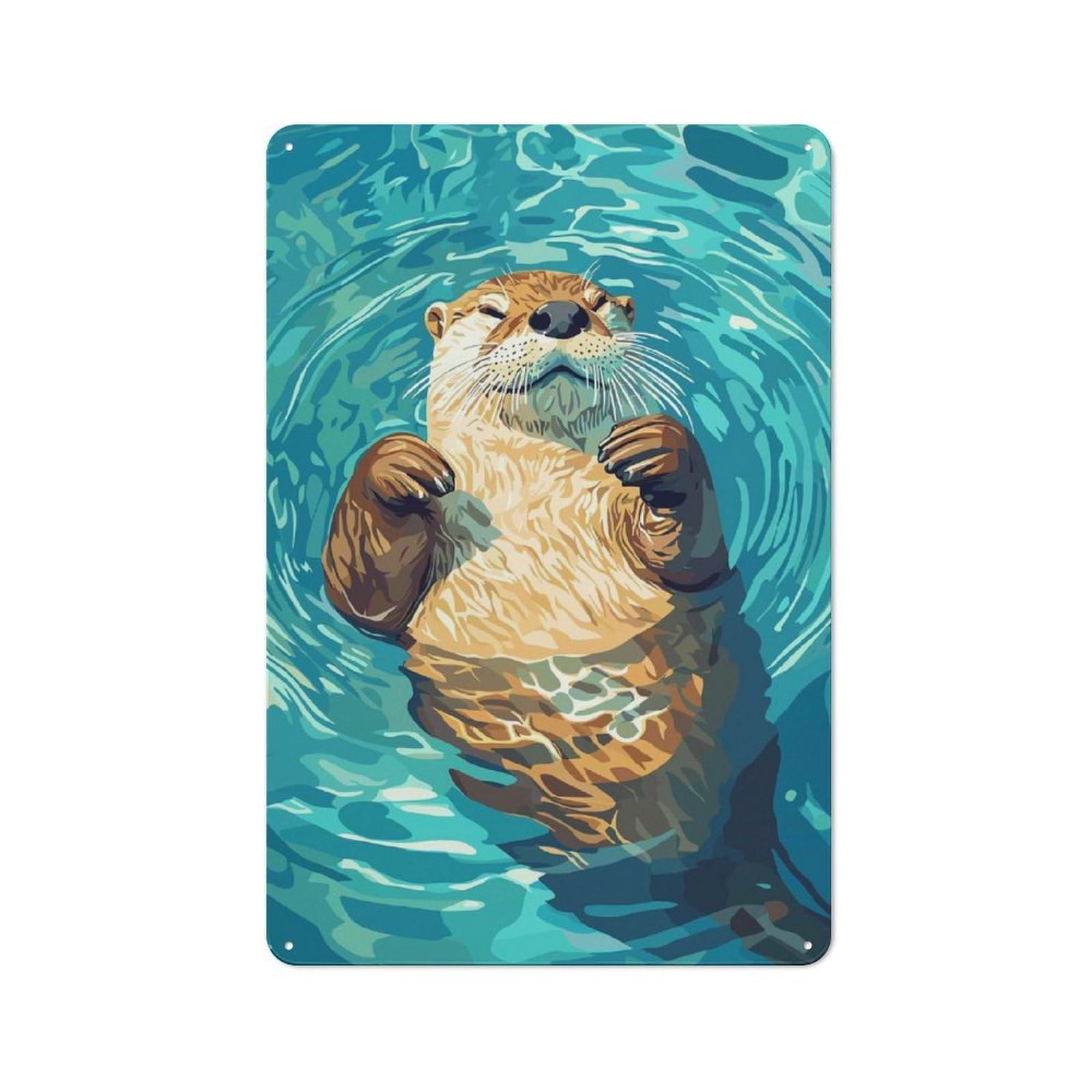 Junmoney Relaxing Otter In Water Illustration Kitchen Metal Sign With Design 30X20cm, Cosy Kitchen Wall Decor For Bakery, Diner, Cafe Or Family Room
