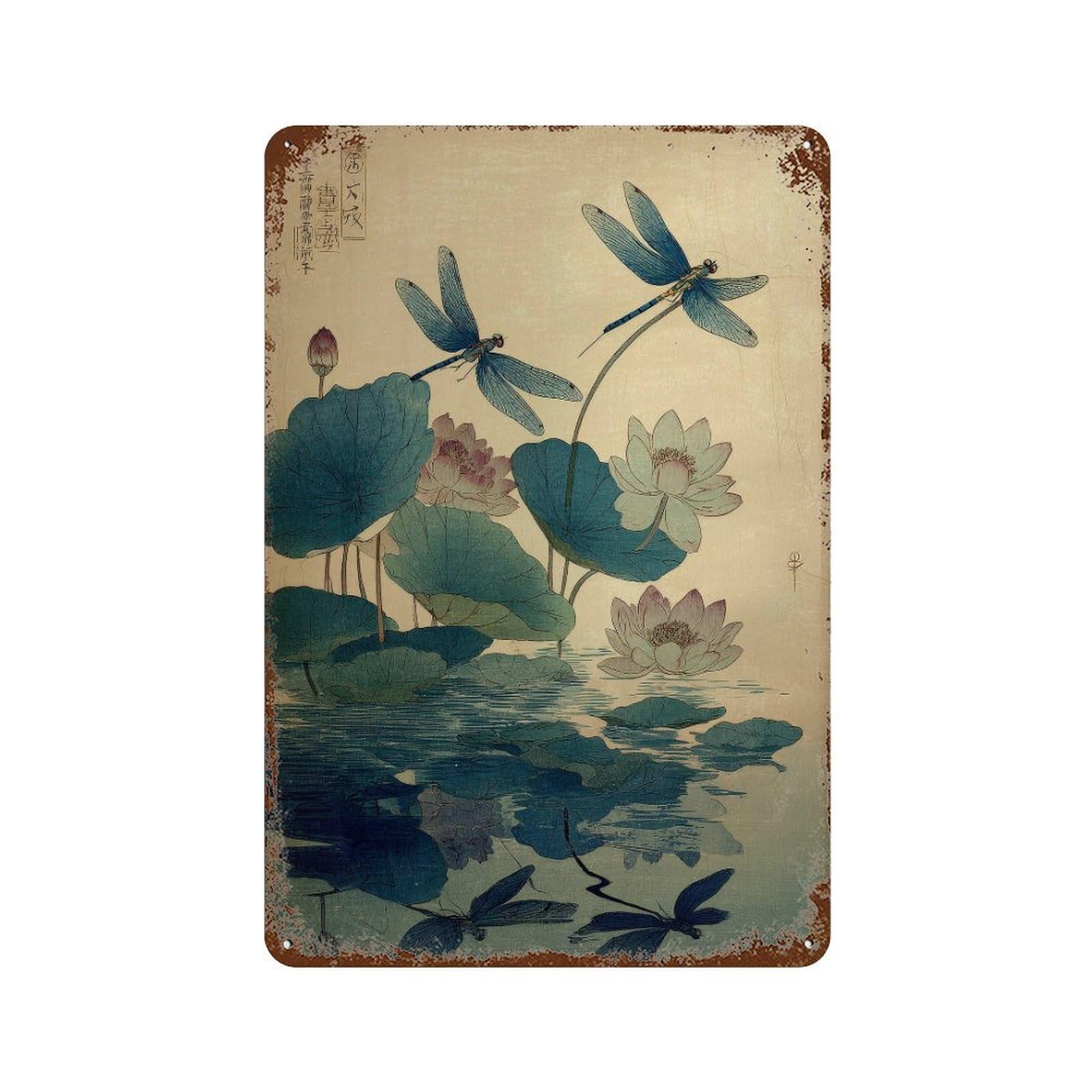 xiaoxiaoshen Dragonflies And Lotus Flowers. Japanese Ukiyo Wall Decor Art Metal Tin Poster Modern Home Decor Art Home Bar Shop Decorations Vintage Sign 30x20cm